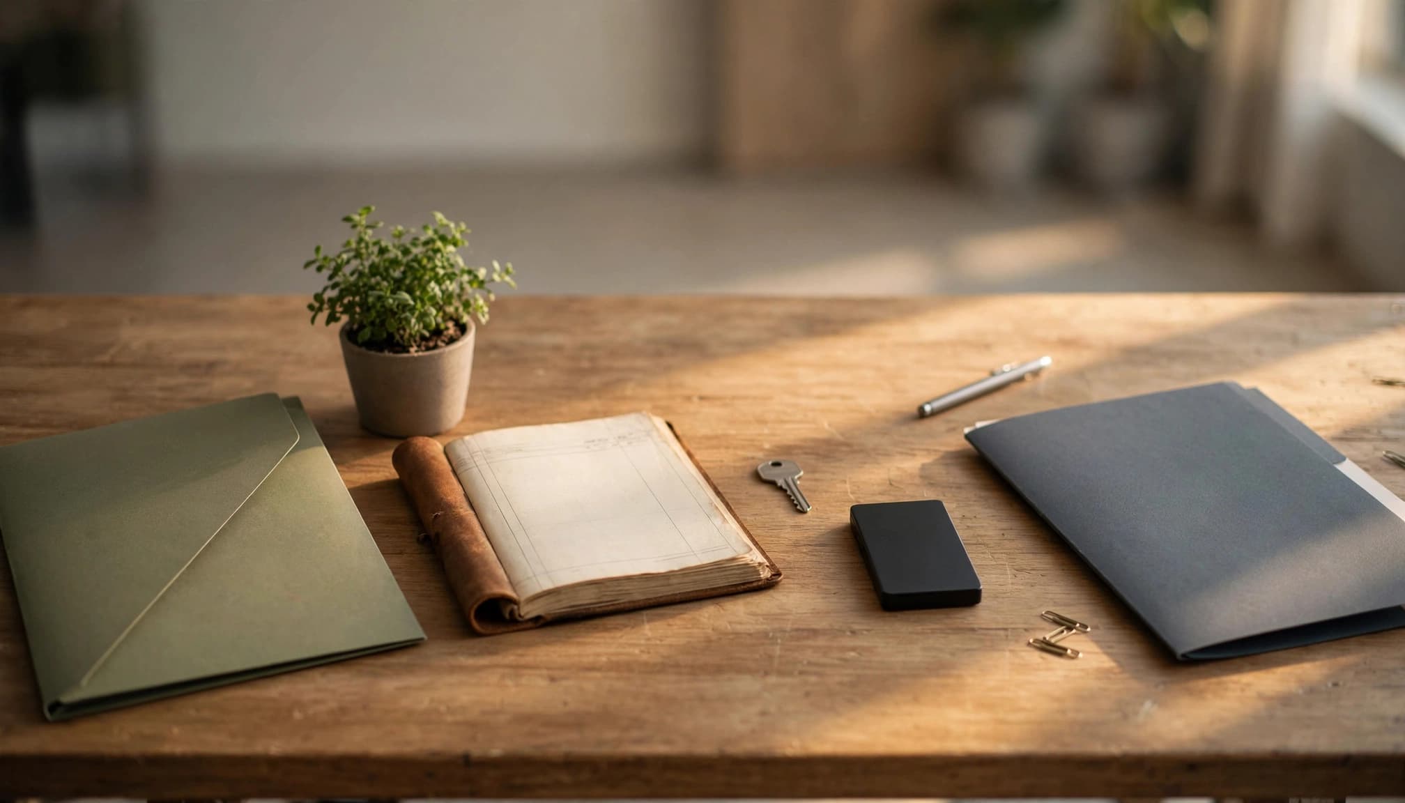 A key, plant, ledger, and storage drive sit between two folders on a wooden table.