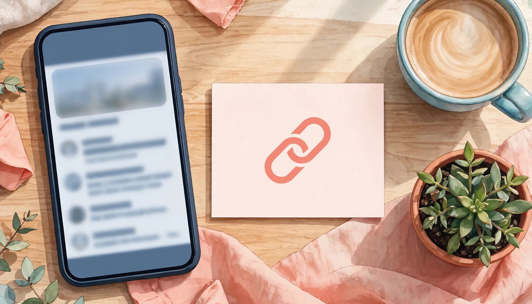 A phone displaying a blurred post, a link icon card, a coffee cup, and a potted plant on a wooden table.
