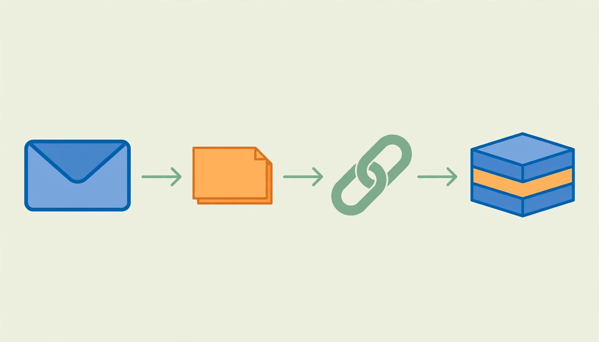 A flat vector illustration showing an email envelope, a card, a link symbol, and a product box in a row.