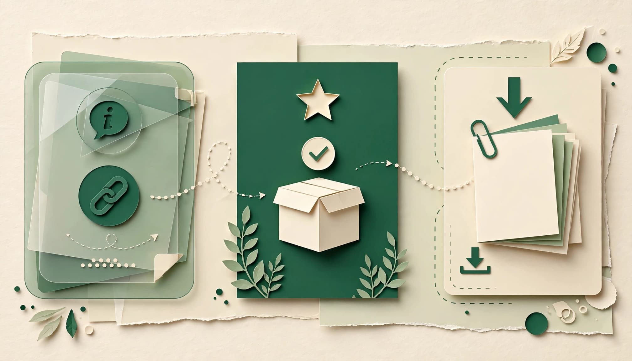 A cut-paper editorial illustration in green and cream, showing transparent disclosure icons, a product box, and a guide.