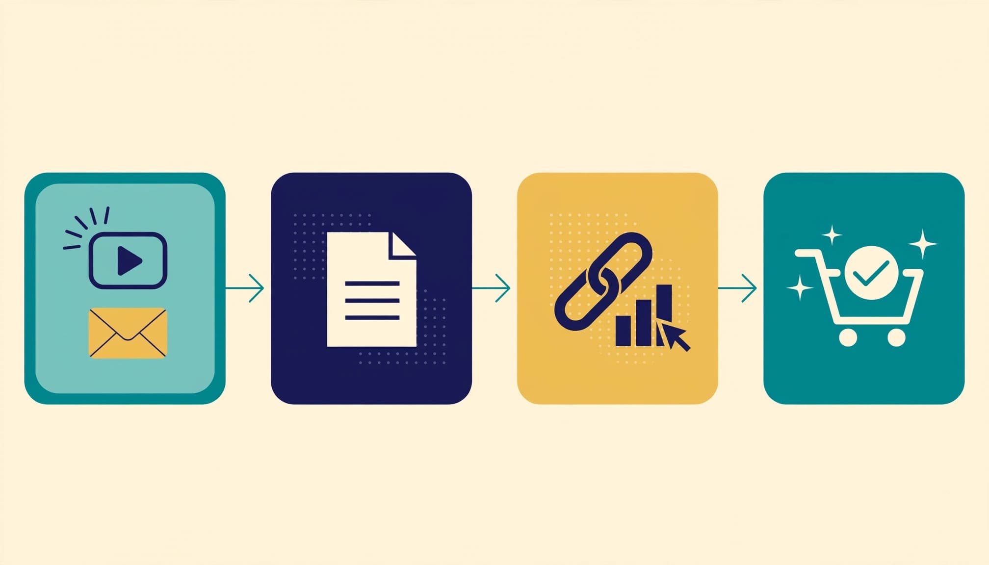 An editorial illustration showing a four-stage funnel with geometric panels and icons.