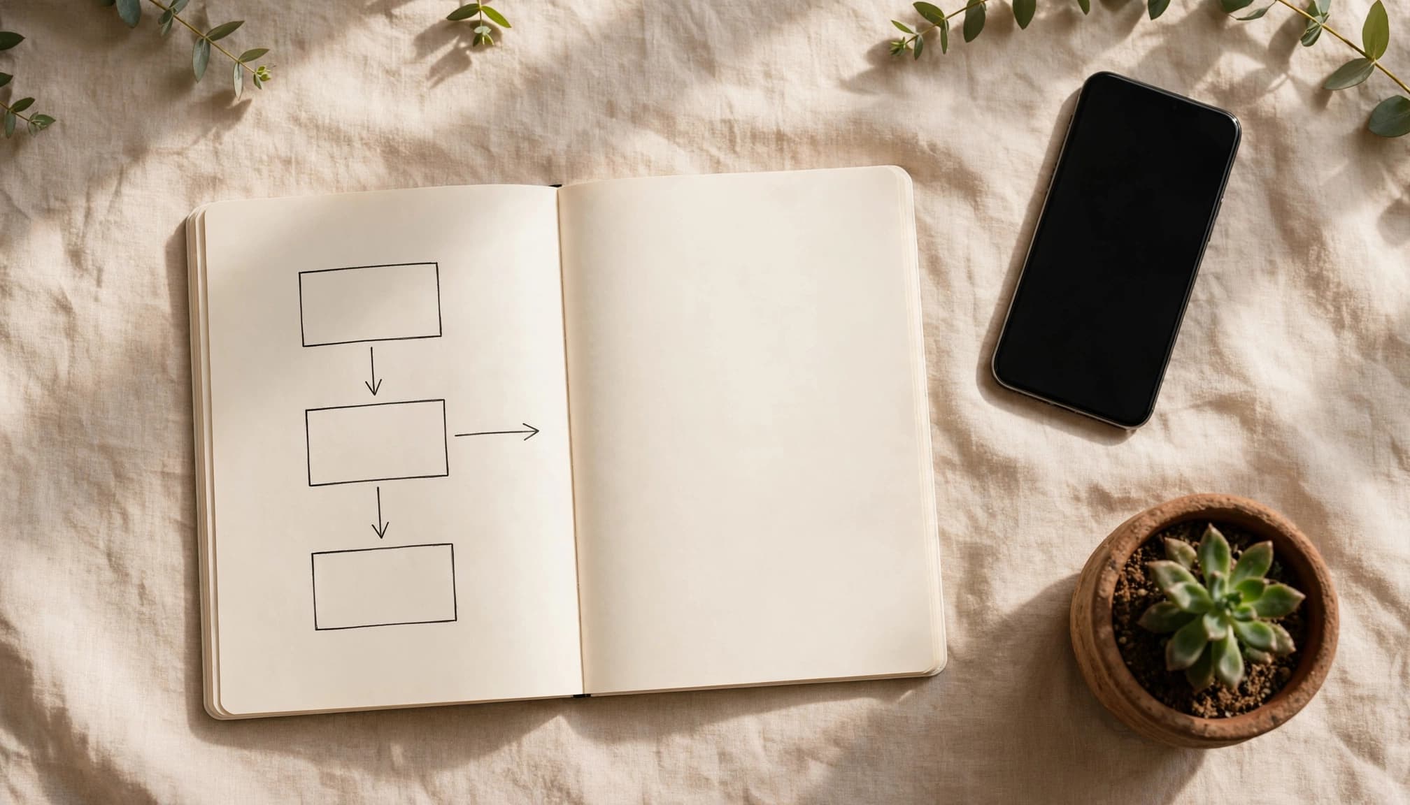 An open notebook, phone, and small plant arranged on a bright desk.