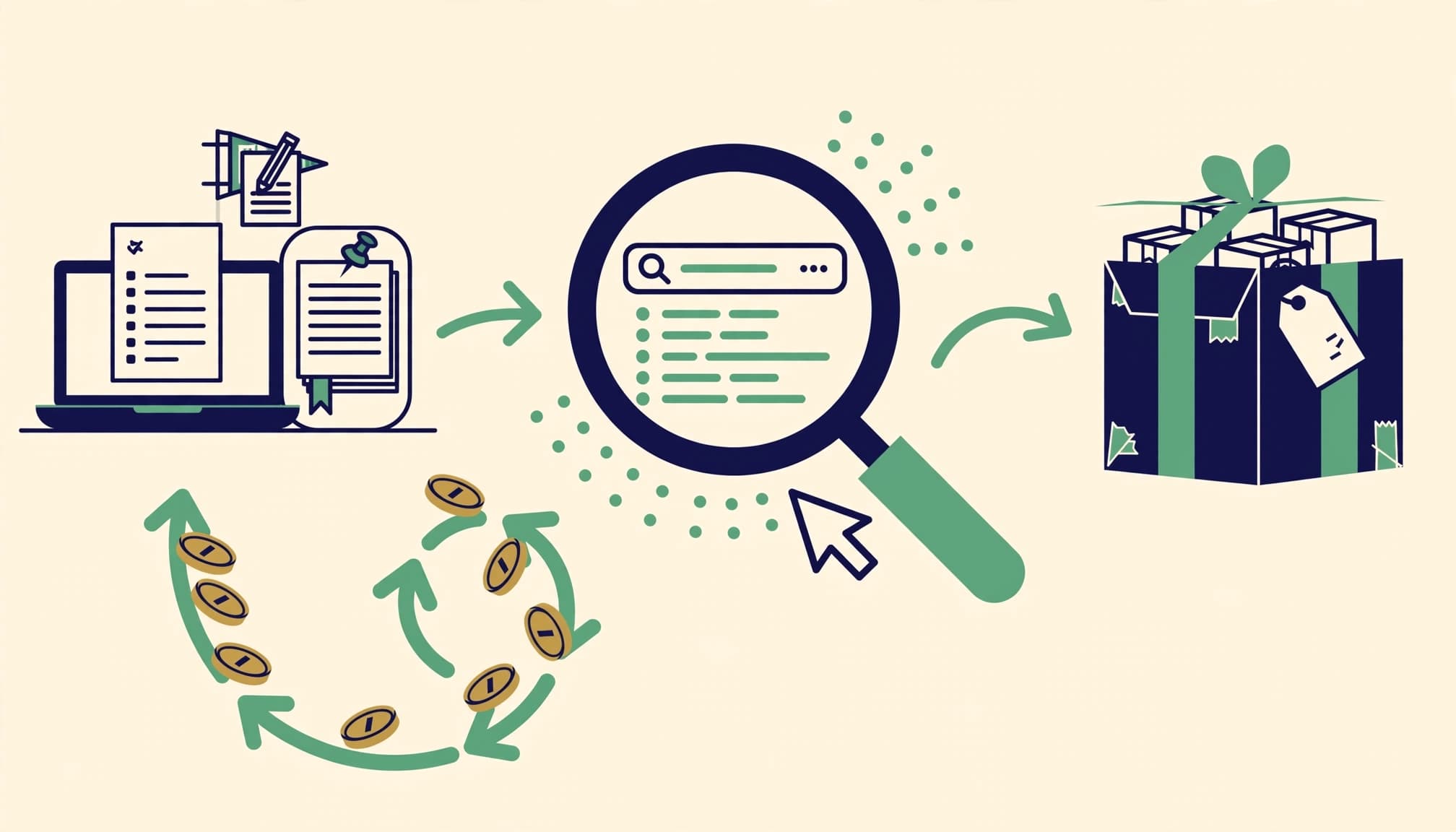 Vector illustration showing a laptop, a search icon, a gift box, and a loop of coins.
