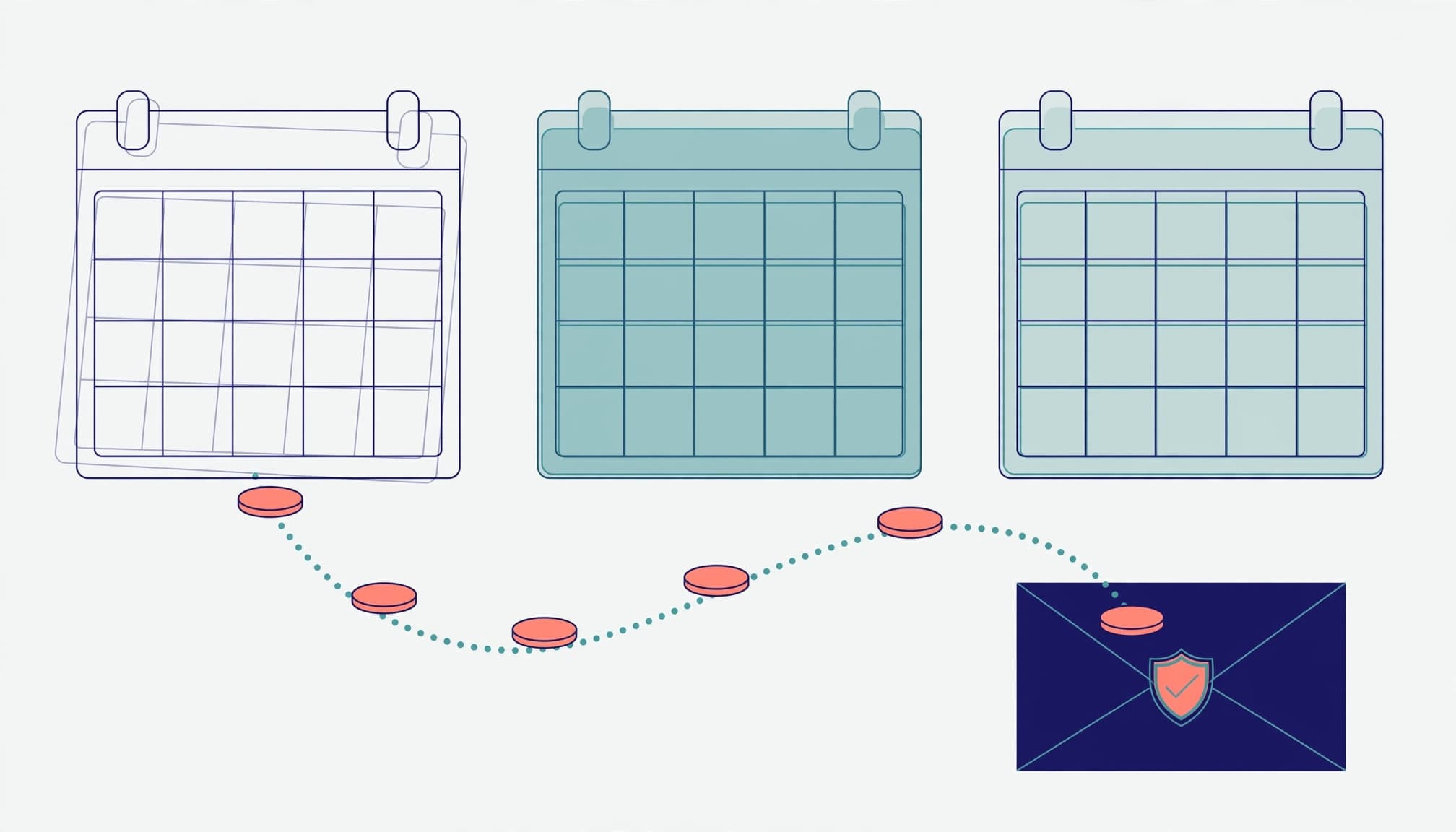 Three calendar pages and coins traveling along a curved path toward a payment envelope with a shield.