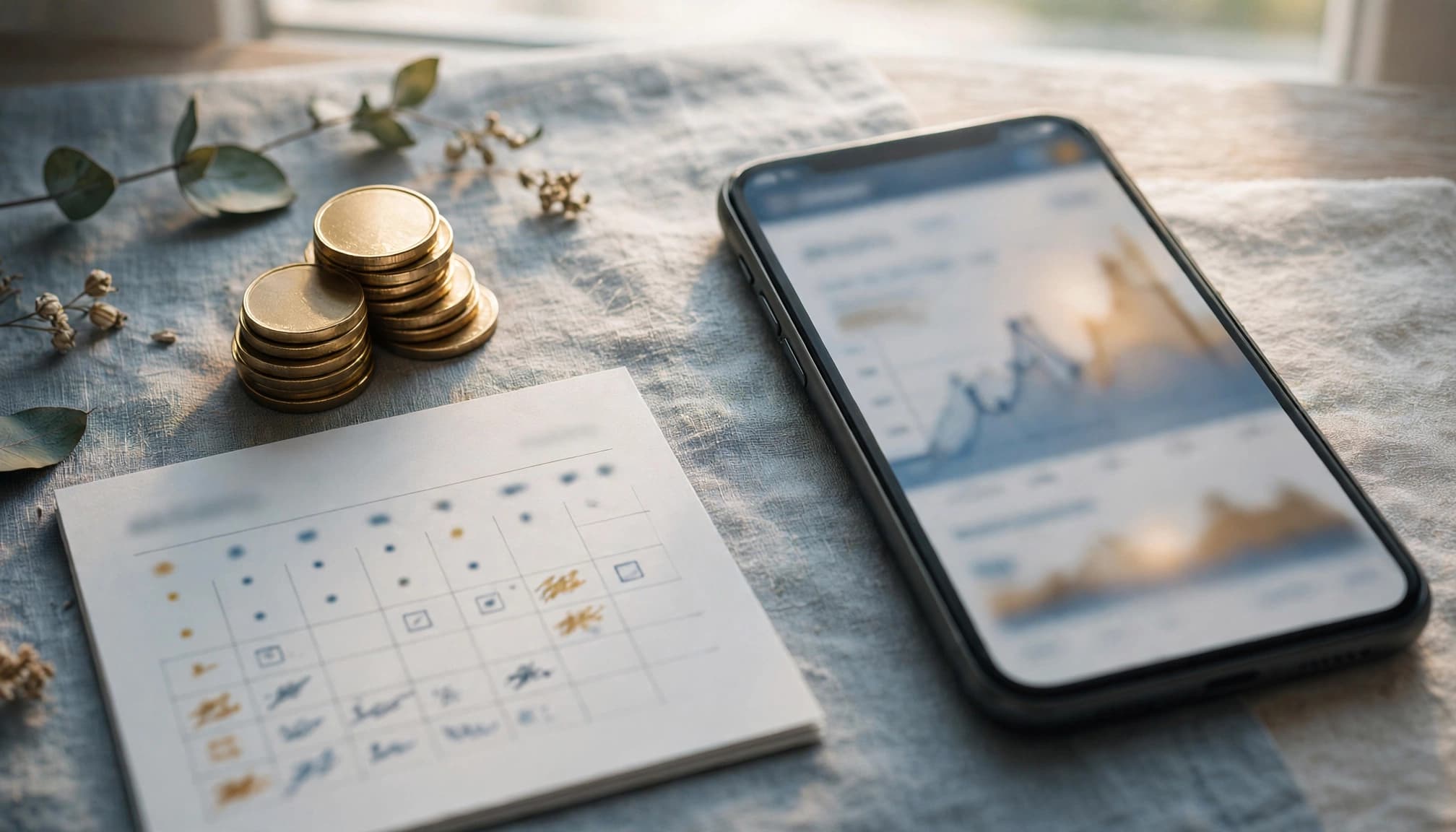 A smartphone showing a blurred graph, a stack of gold coins, and a small calendar page on a desk.