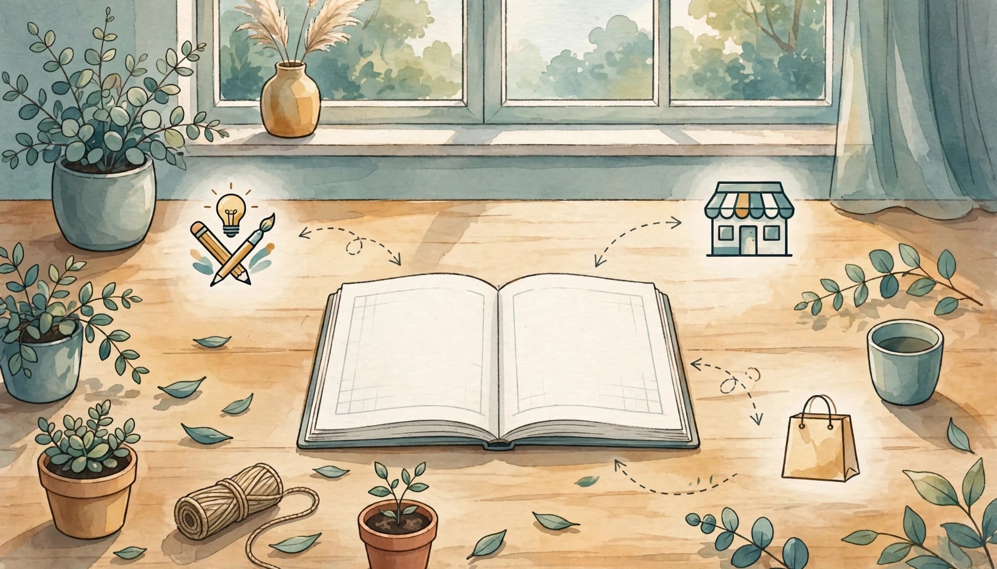 Watercolor illustration of an open notebook with icons connected by dotted arrows on a wooden desk.