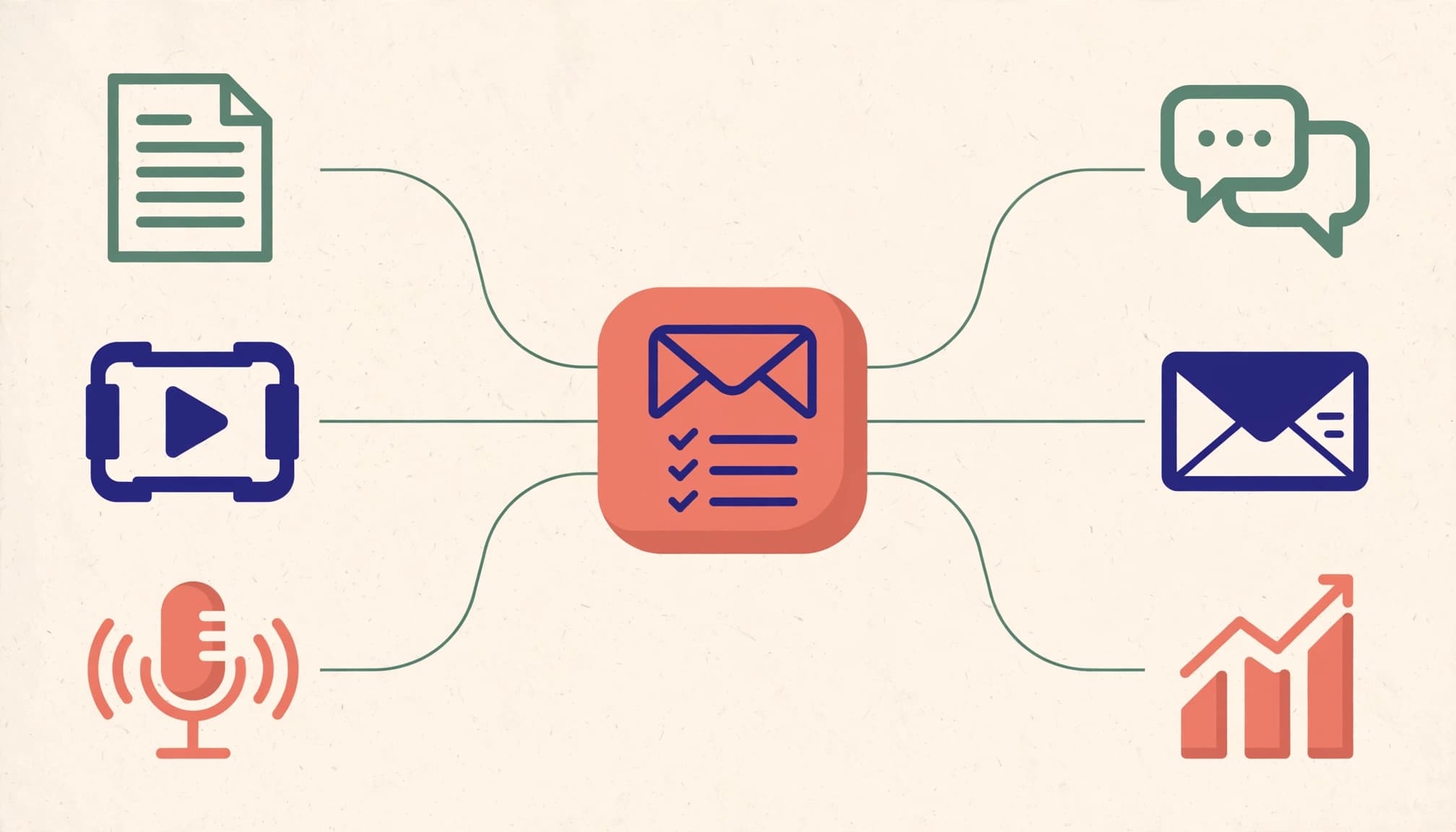 An infographic showing various content icons connected by lines to a central email list icon.
