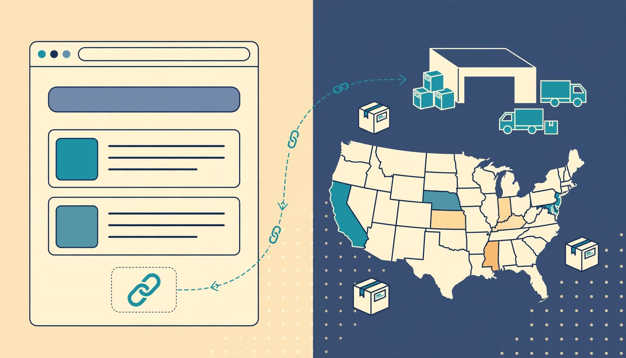 An infographic showing a website page connected by a link icon to a US map with highlighted states and shipping boxes.