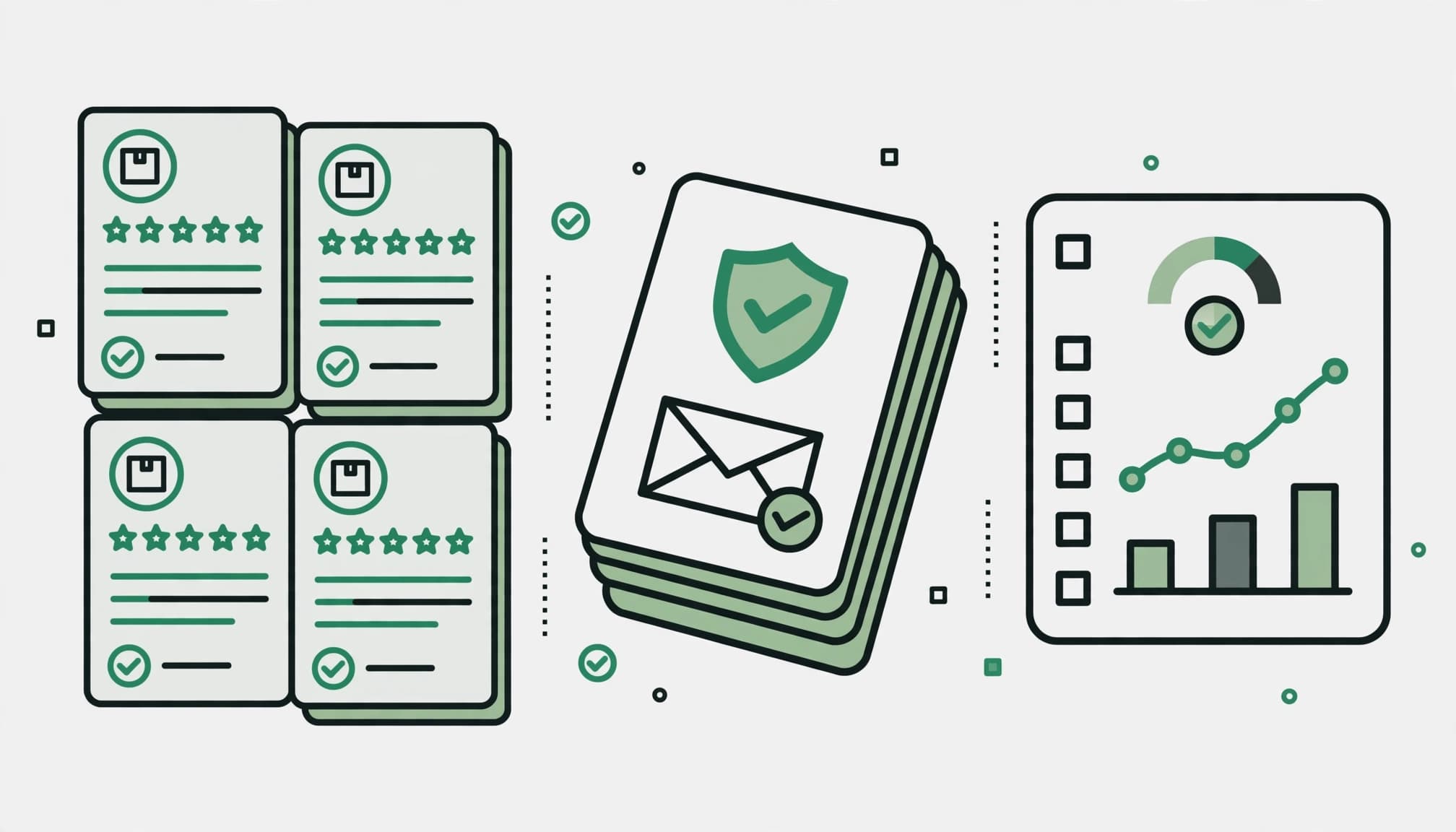 A flat vector illustration showing review pages, a privacy page stack, and an analytics chart.