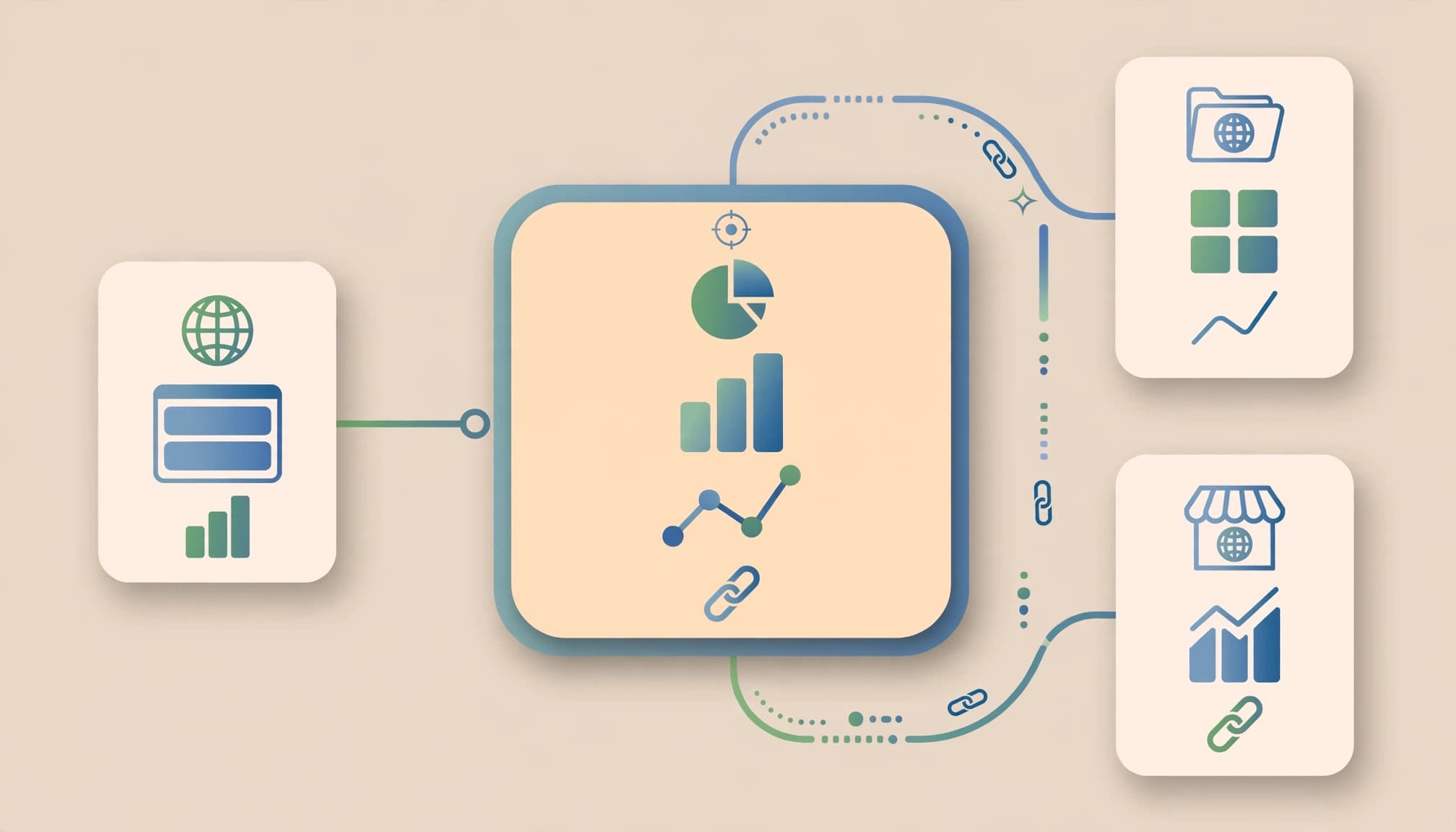 An editorial vector infographic showing three website cards connected to a central dashboard with tracking symbols.