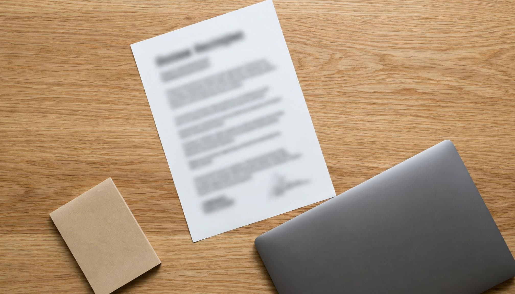 A blurred notice page beside a closed laptop and small notepad on a wooden table.