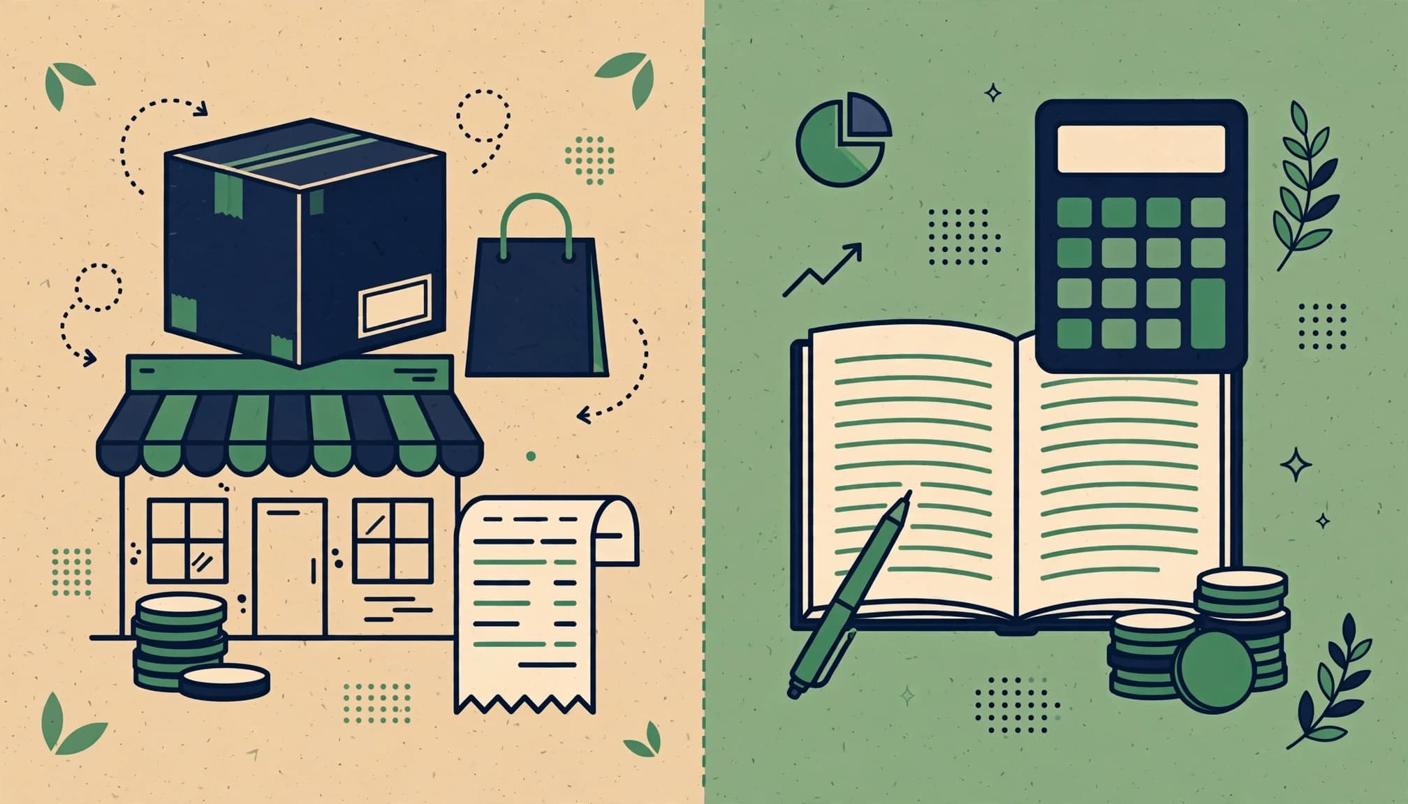 A split illustration showing a merchant storefront and box on the left, and a calculator and ledger on the right.