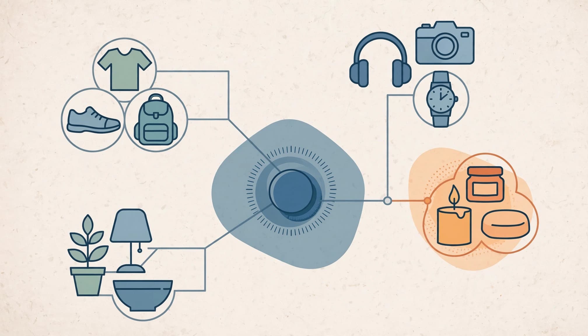 An editorial illustration of a branching topic map with product icons.