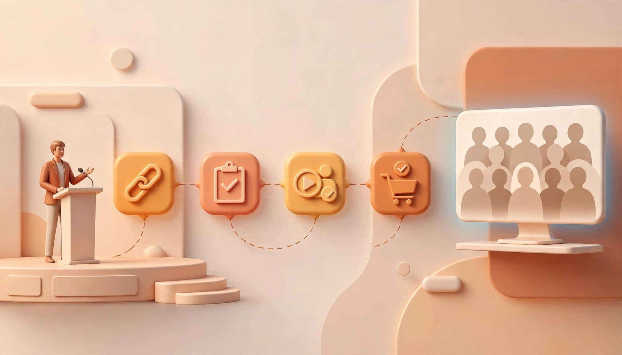 A presenter and attendee silhouettes beside icons linking a referral to a purchase.