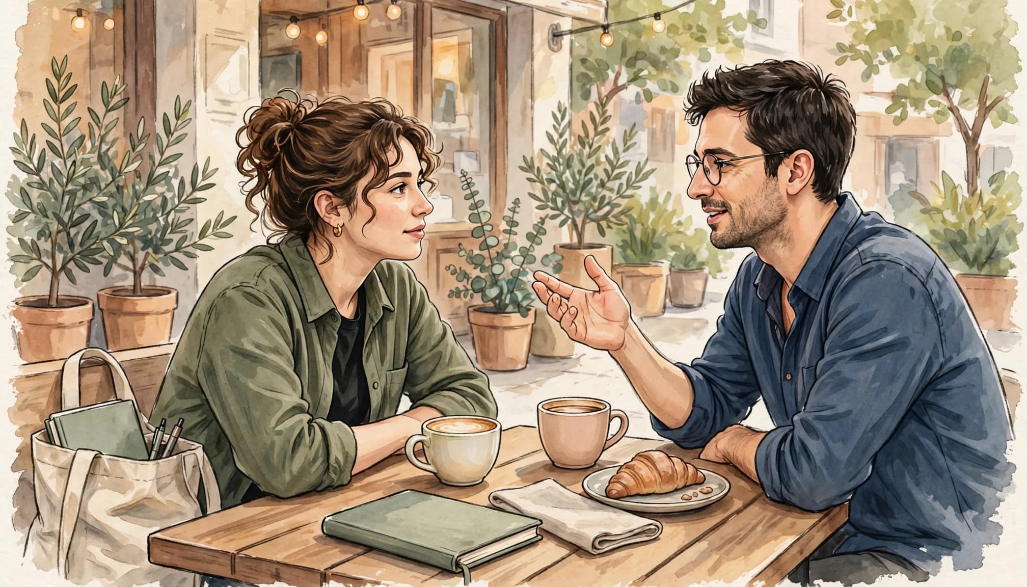 A watercolor illustration of a man and woman having a conversation at a café table.