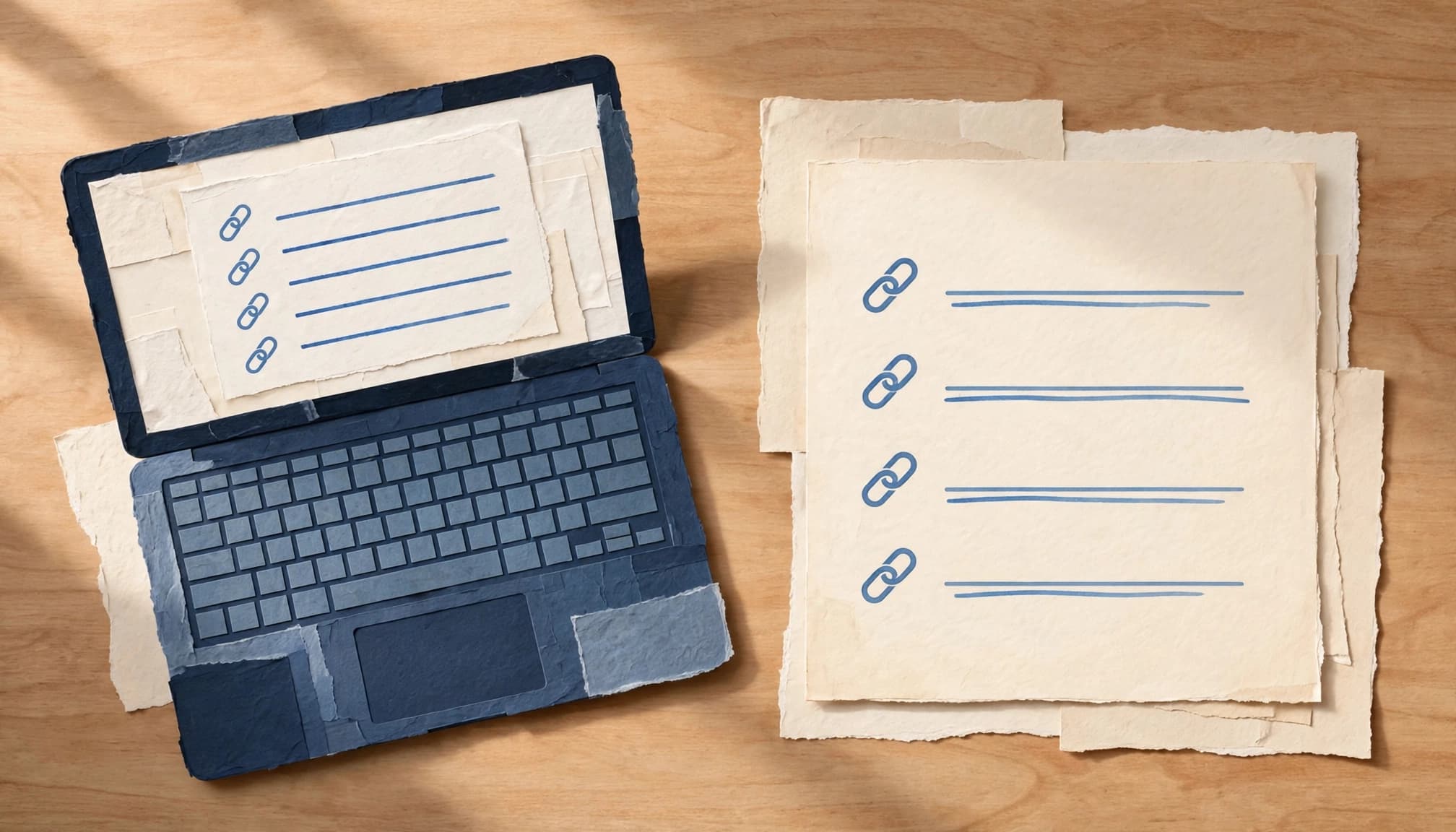 An open laptop and a stack of paper sheets with blue link icons on a wooden table.