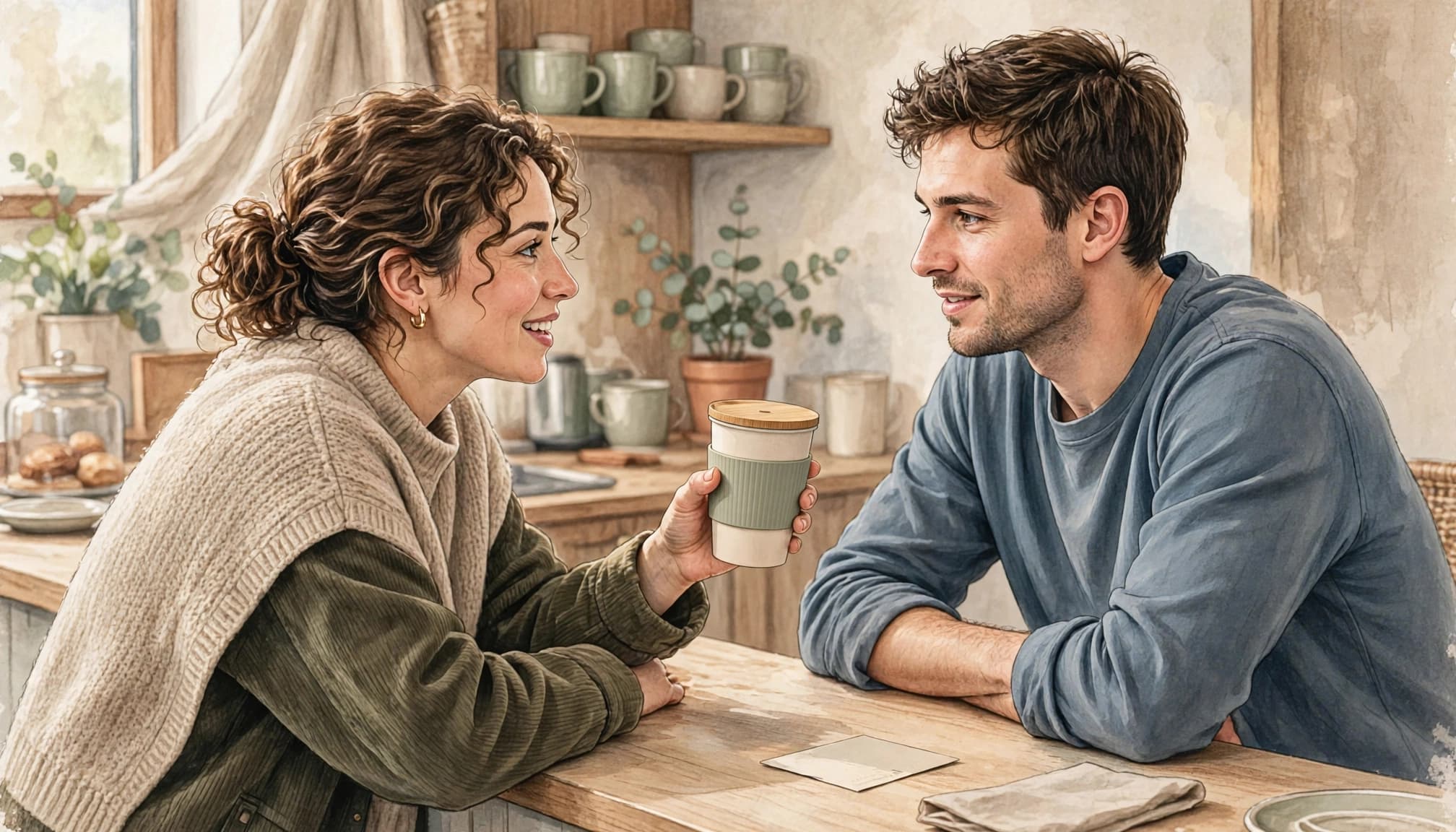 Two friends sitting at a wooden counter, with one woman handing a reusable coffee cup to a man.