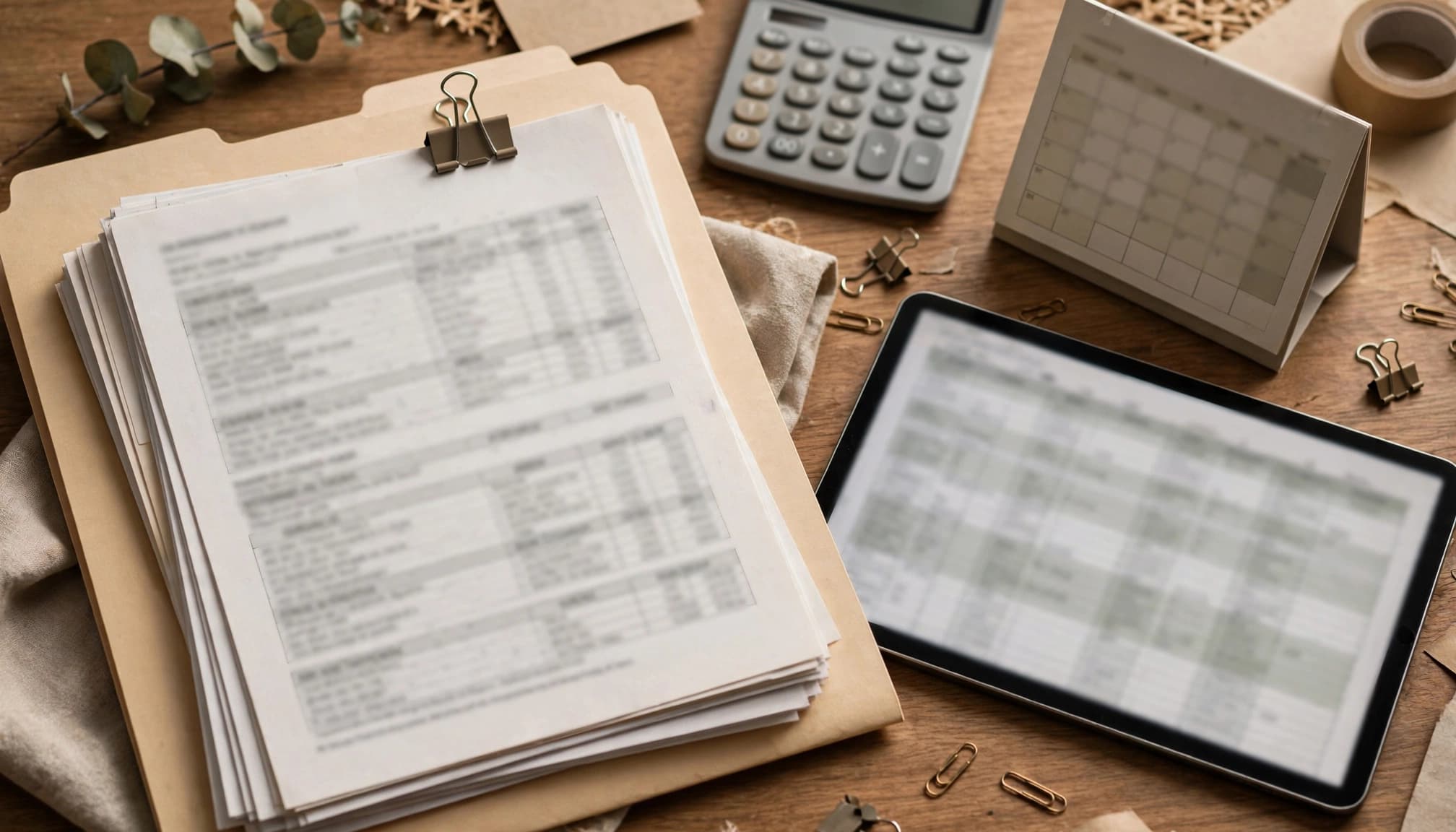 Transaction papers, a calendar, and calculator arranged beside a tablet.