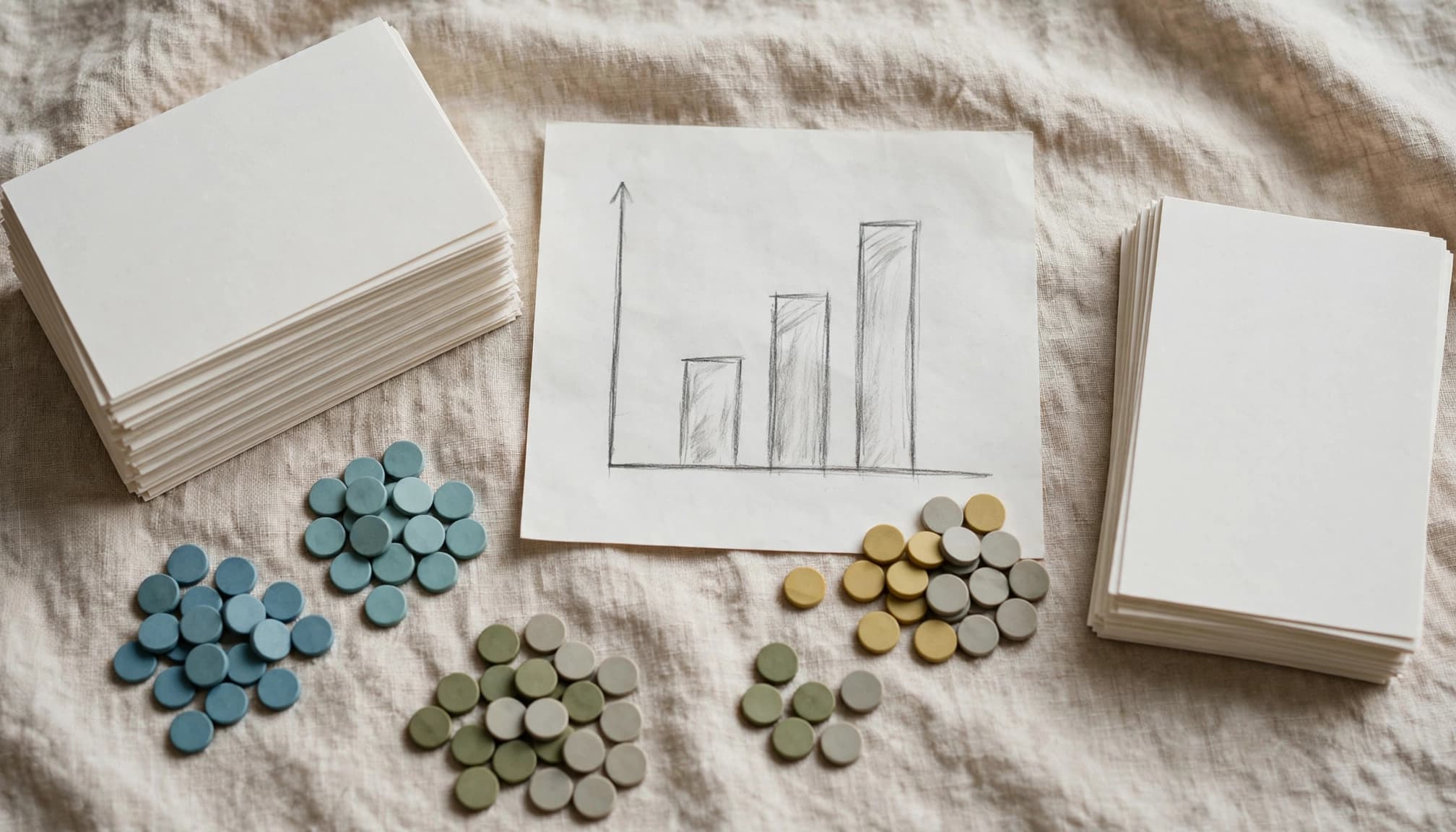 Blank survey cards, colored tokens, and an unlabeled chart on a table.