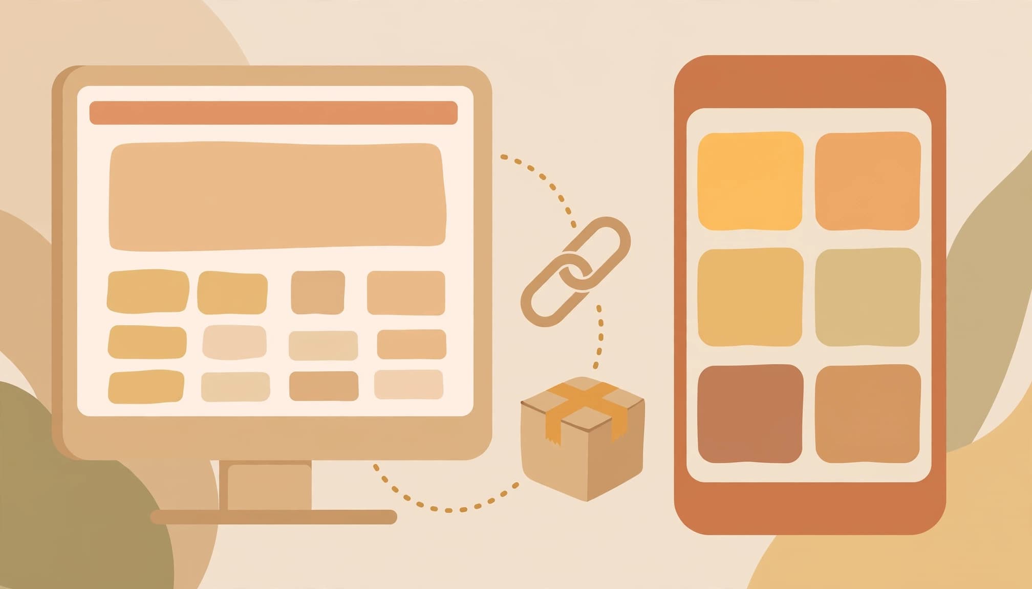 A flat illustration of a computer monitor, smartphone, chain link, and a parcel box.