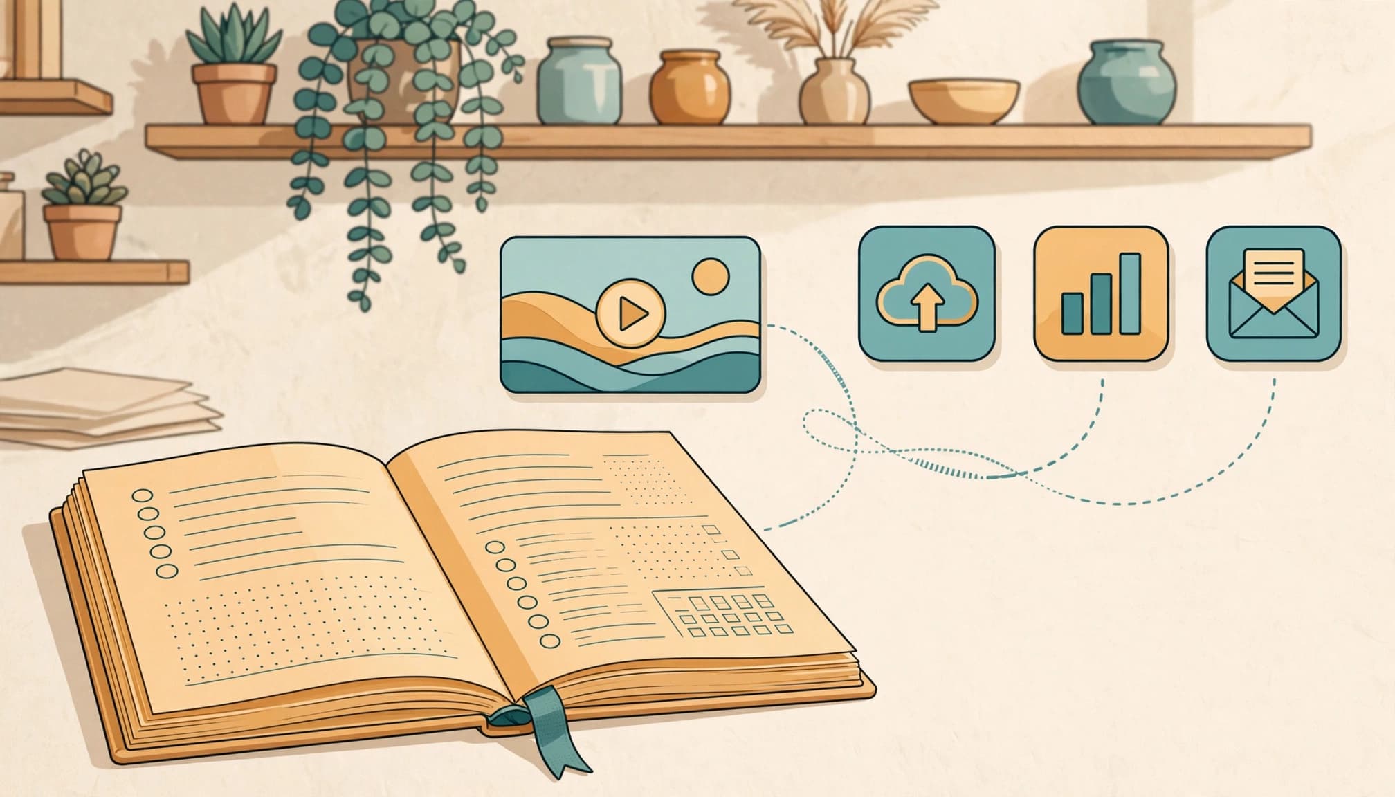 An open workbook and icons connected by dotted lines in a home studio.