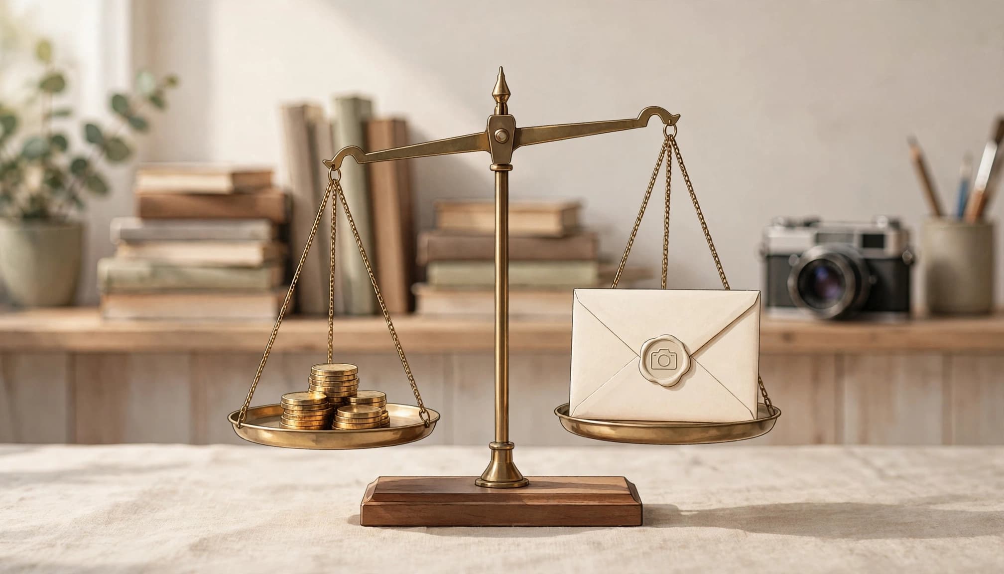 A balance scale with coins on one side and an envelope with a wax seal on the other.