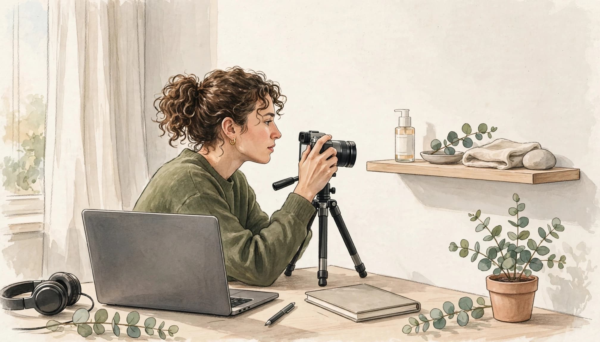 A woman with curly hair sits at a desk, operating a camera on a tripod next to a laptop.