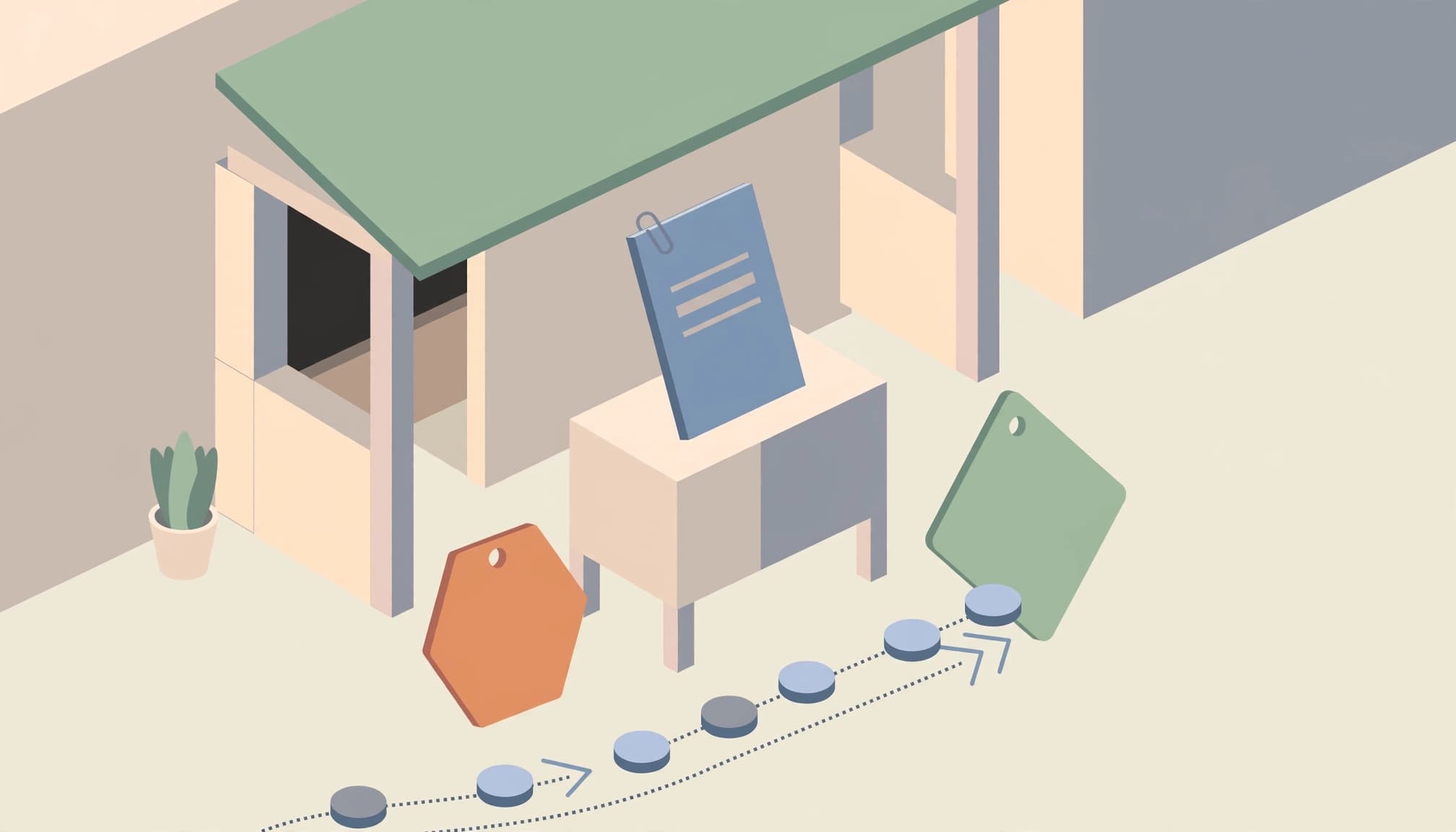 An isometric illustration of a small storefront with a workbook, price tags, and response tokens.