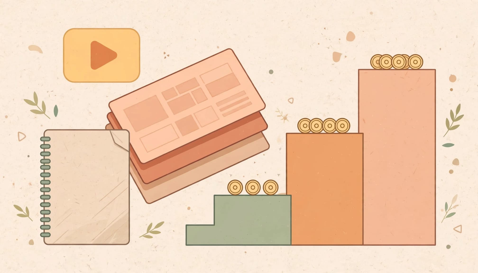An editorial illustration showing a value ladder with coins, a workbook, website template cards, and a video play icon.