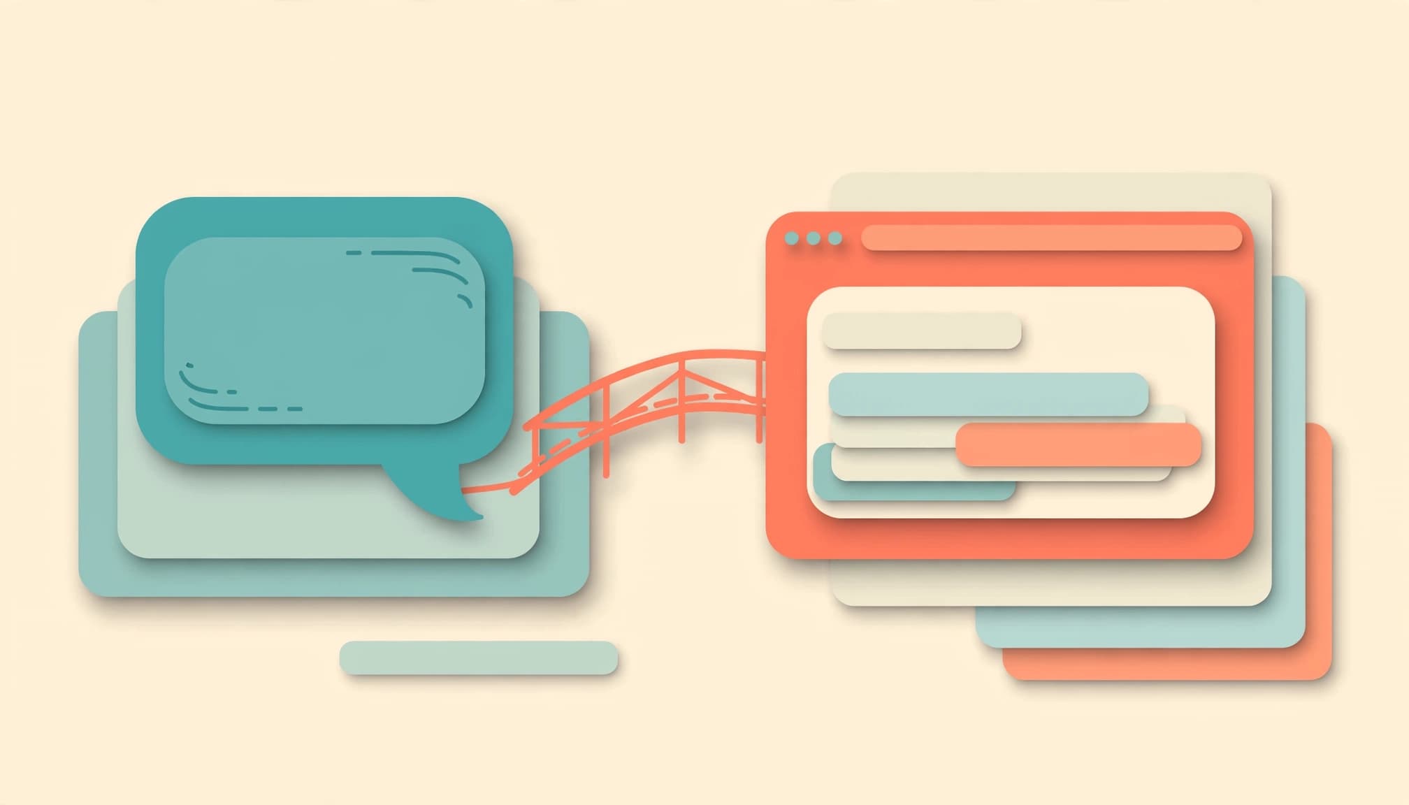 An abstract vector illustration of a teal speech bubble connected to an orange webpage card by a small bridge.