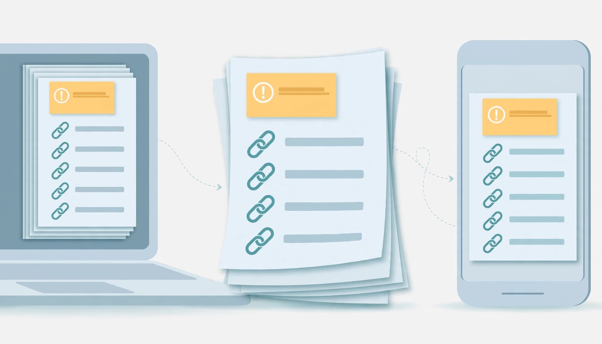 An illustration showing a laptop, a central stack of documents with link icons, and a smartphone.