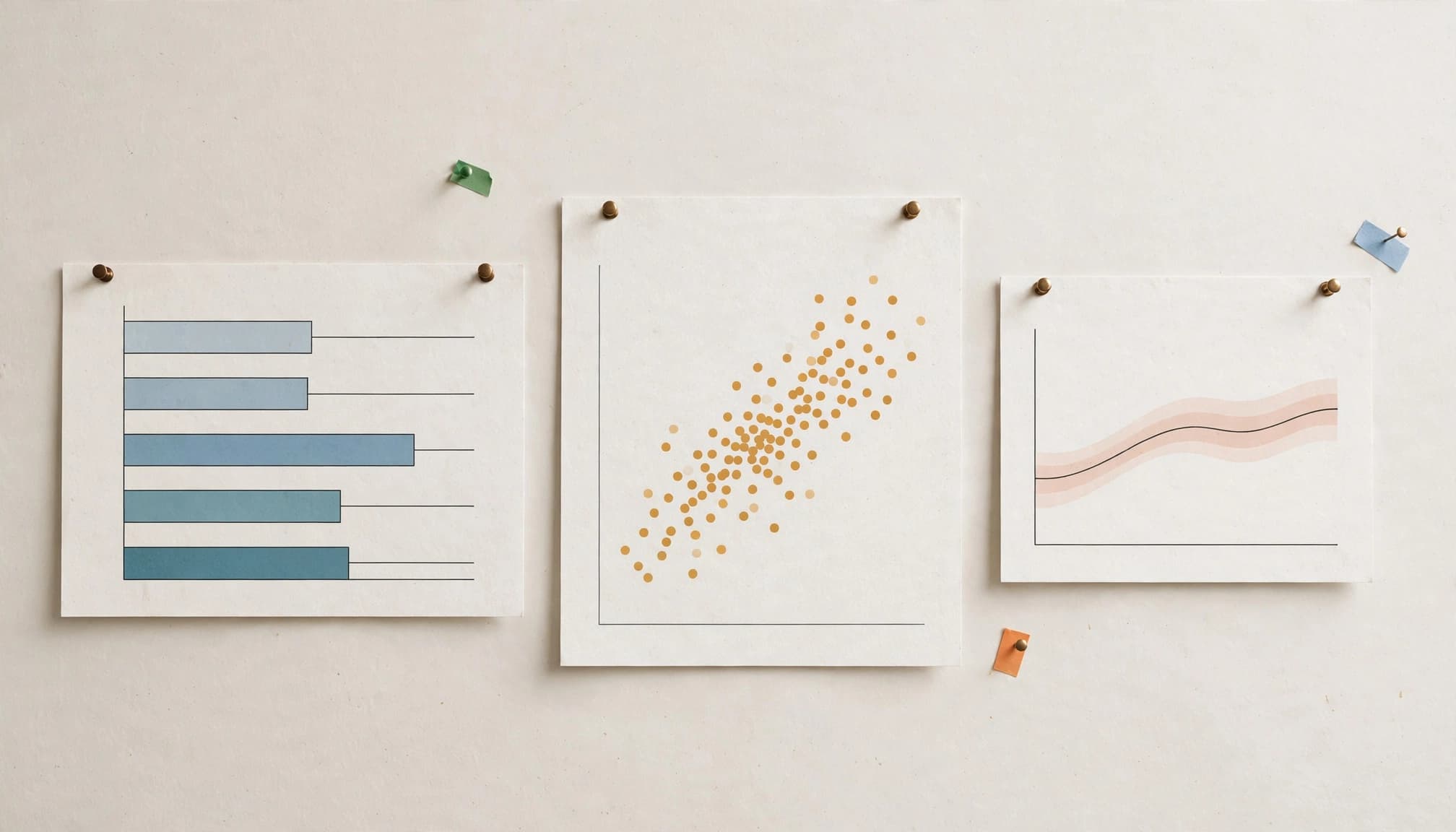 Three simple charts and colored markers are pinned to a plain wall.