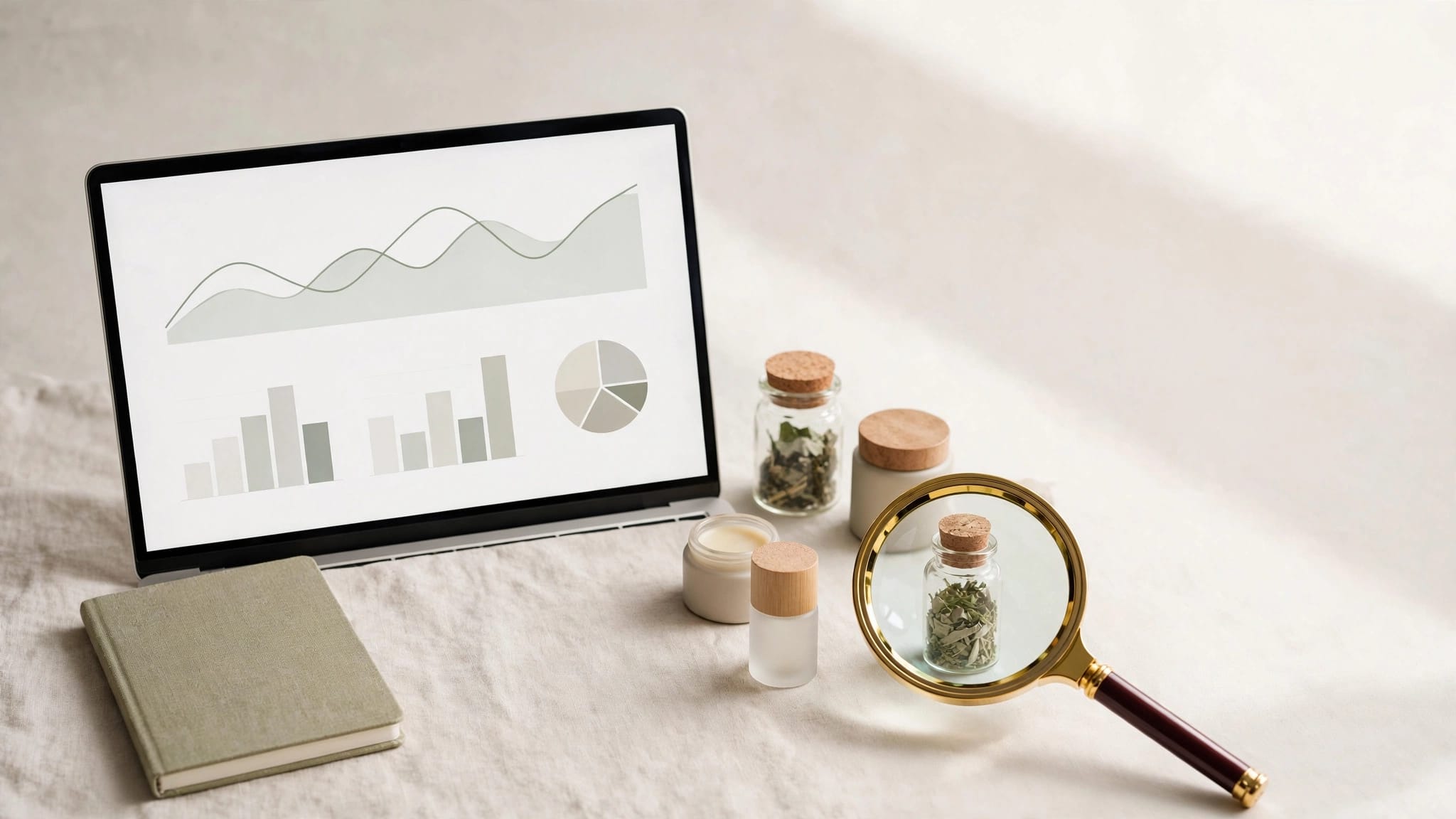 A magnifying glass highlights a product beside a laptop dashboard and notebook.