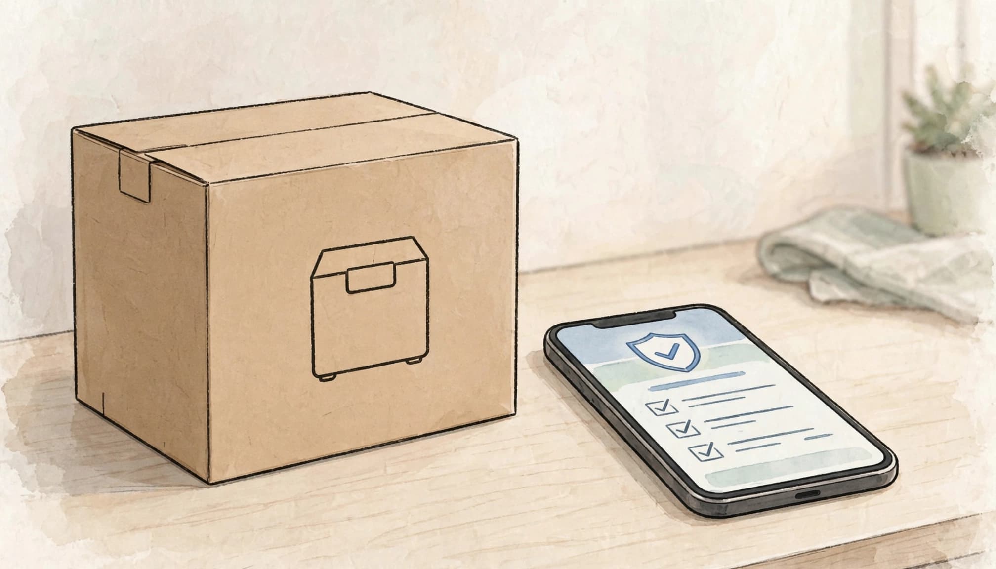 A cardboard box and a smartphone displaying a safety alert on a wooden counter.