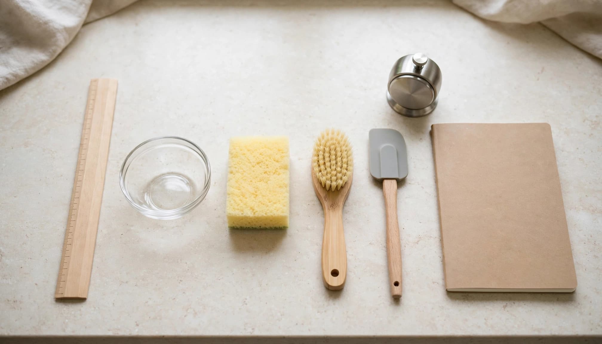 Four household items are arranged beside a ruler, timer, and blank notebook on a kitchen counter.