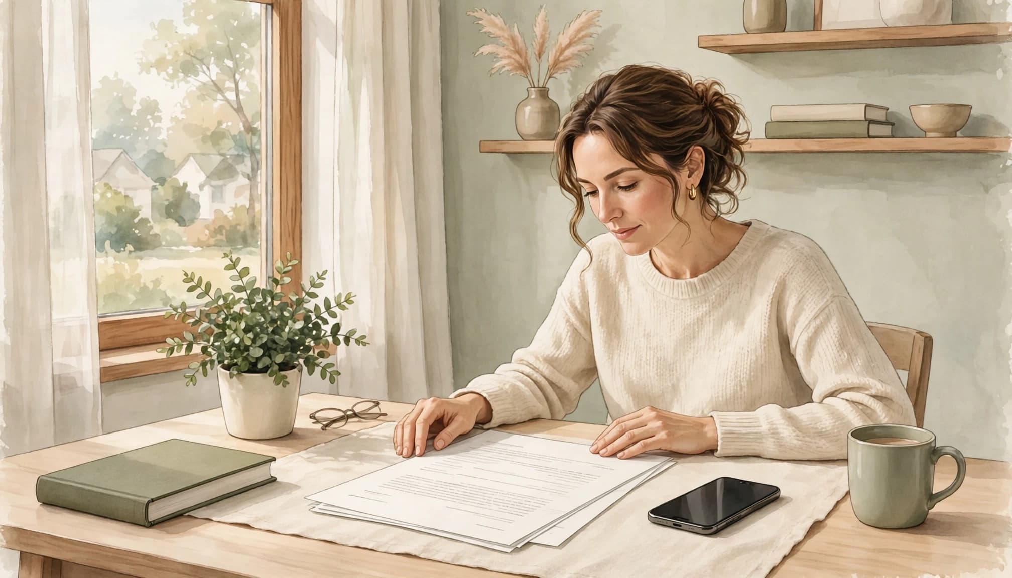 An illustration of a woman reviewing papers at a desk with a plant, phone, and mug.