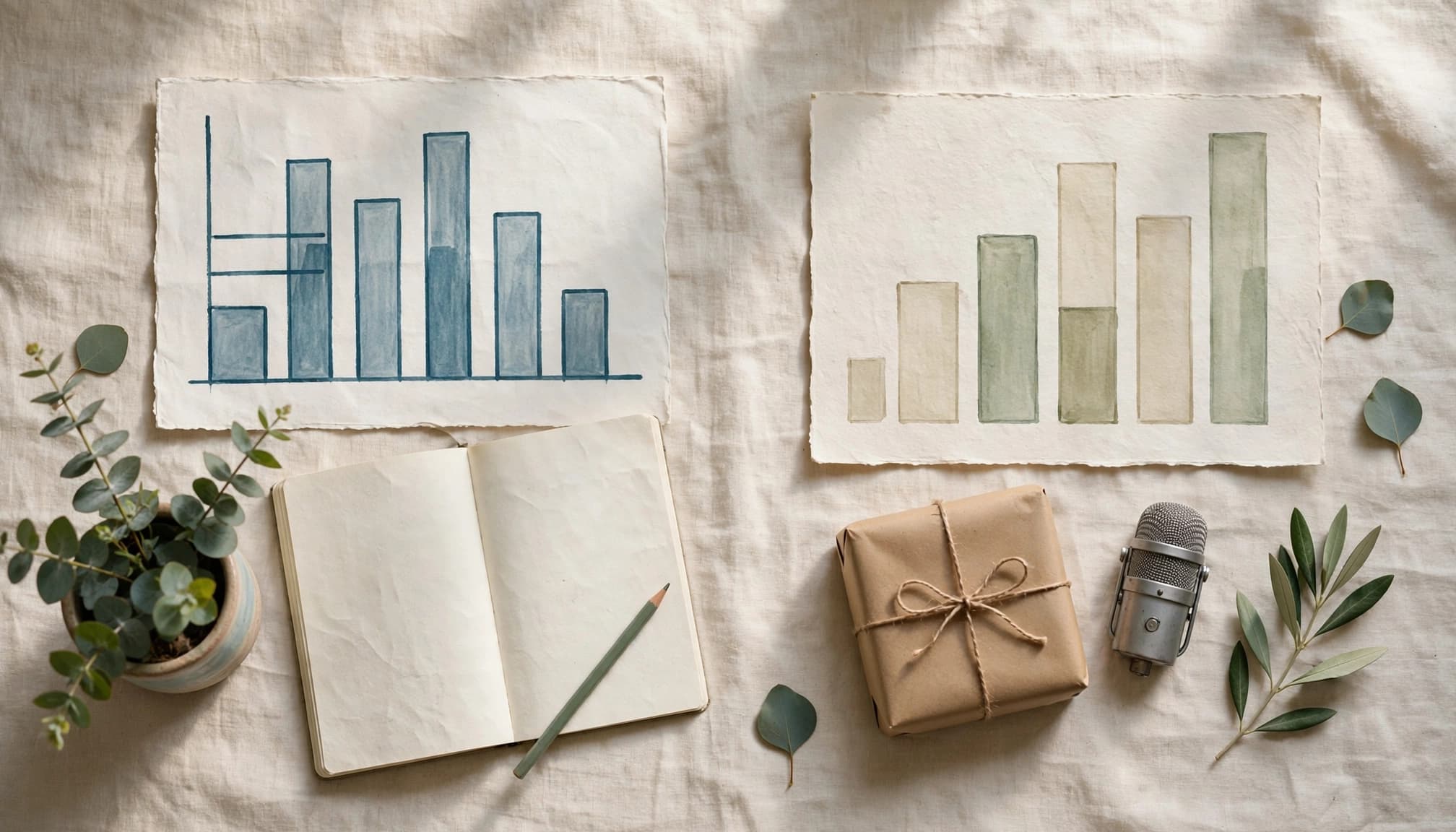 Overhead view of two paper charts with bar graphs, a notebook, a parcel, and a microphone on fabric.