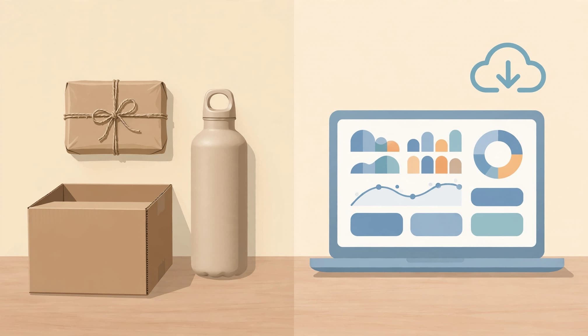 Vector illustration showing physical products on the left and a laptop with a software dashboard on the right.