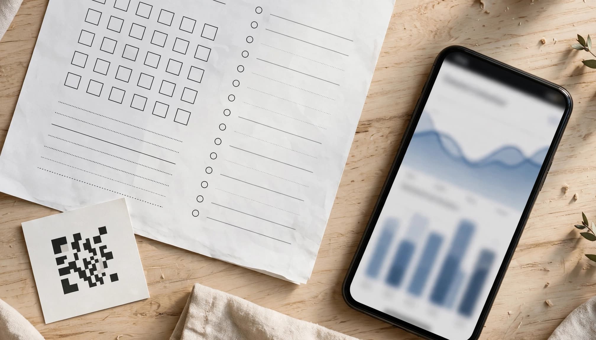 A planning sheet, analytics phone, and QR-pattern card arranged on a cafe table.