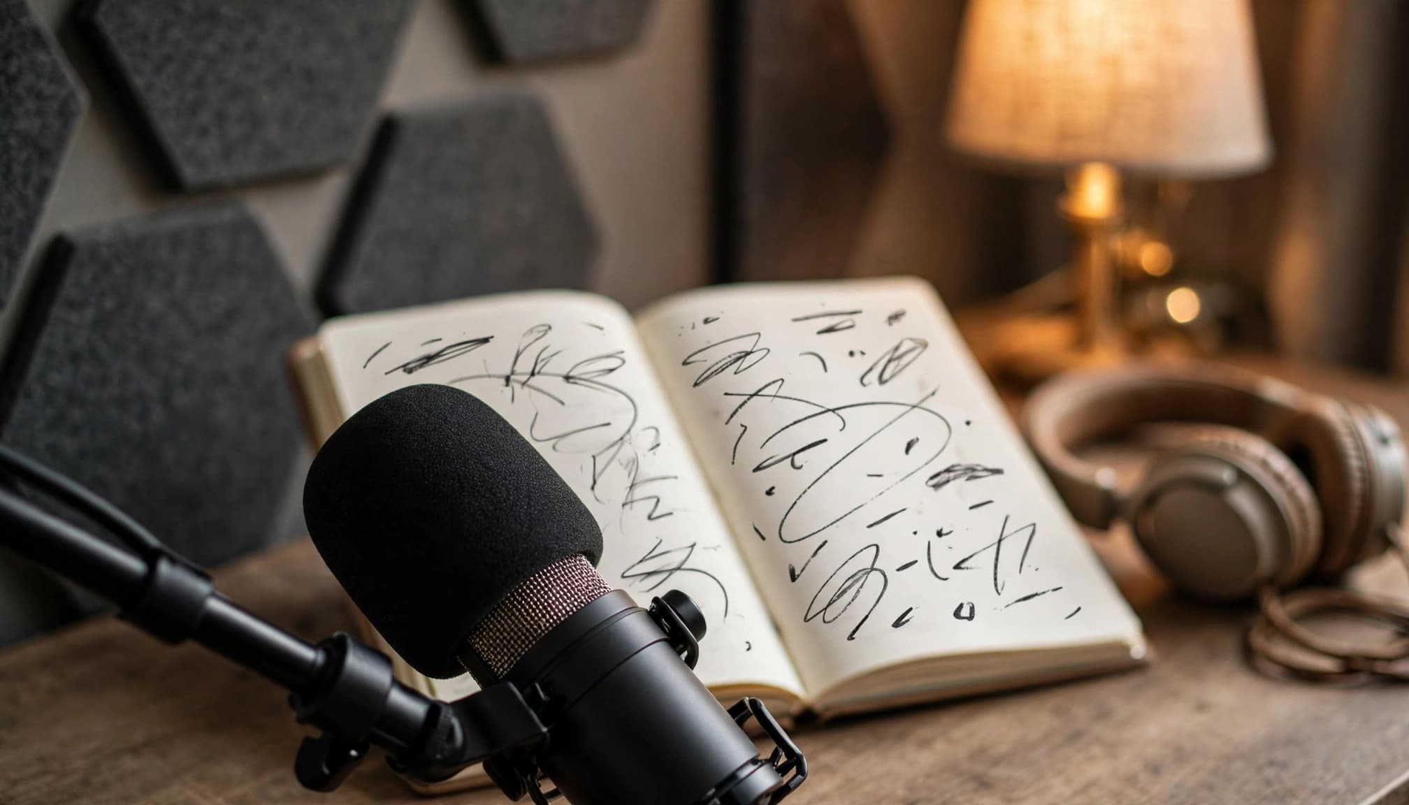 A microphone sits before headphones and an open notebook in a warmly lit recording nook.