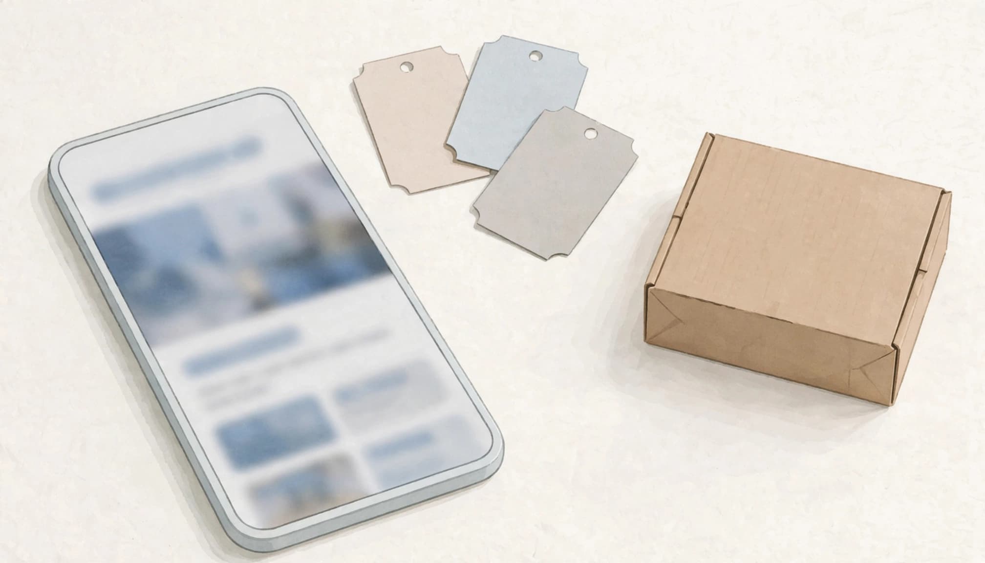 A smartphone with a blurred screen, three small order tags, and a cardboard package on a table.