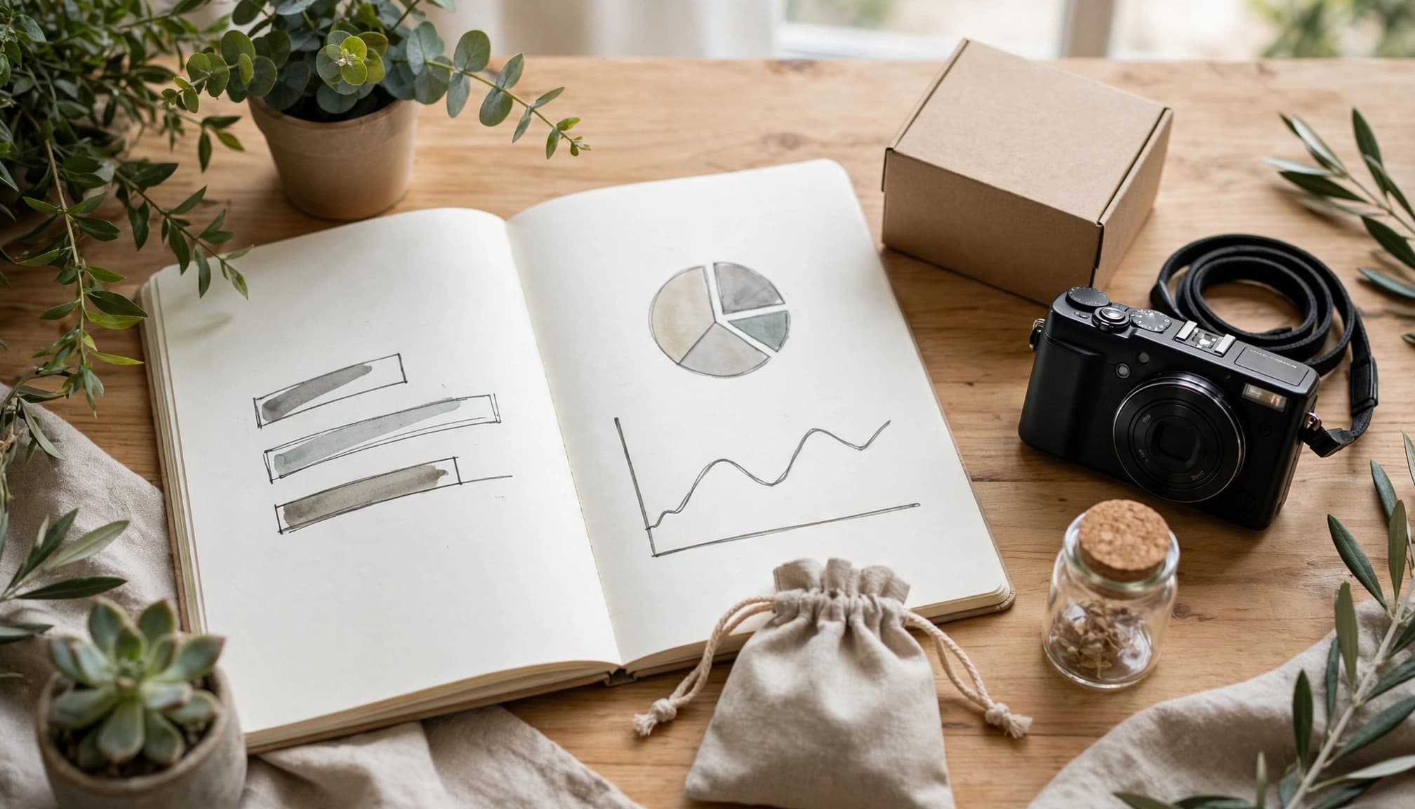 An open notebook with abstract charts, a camera, and small props on a wooden table.