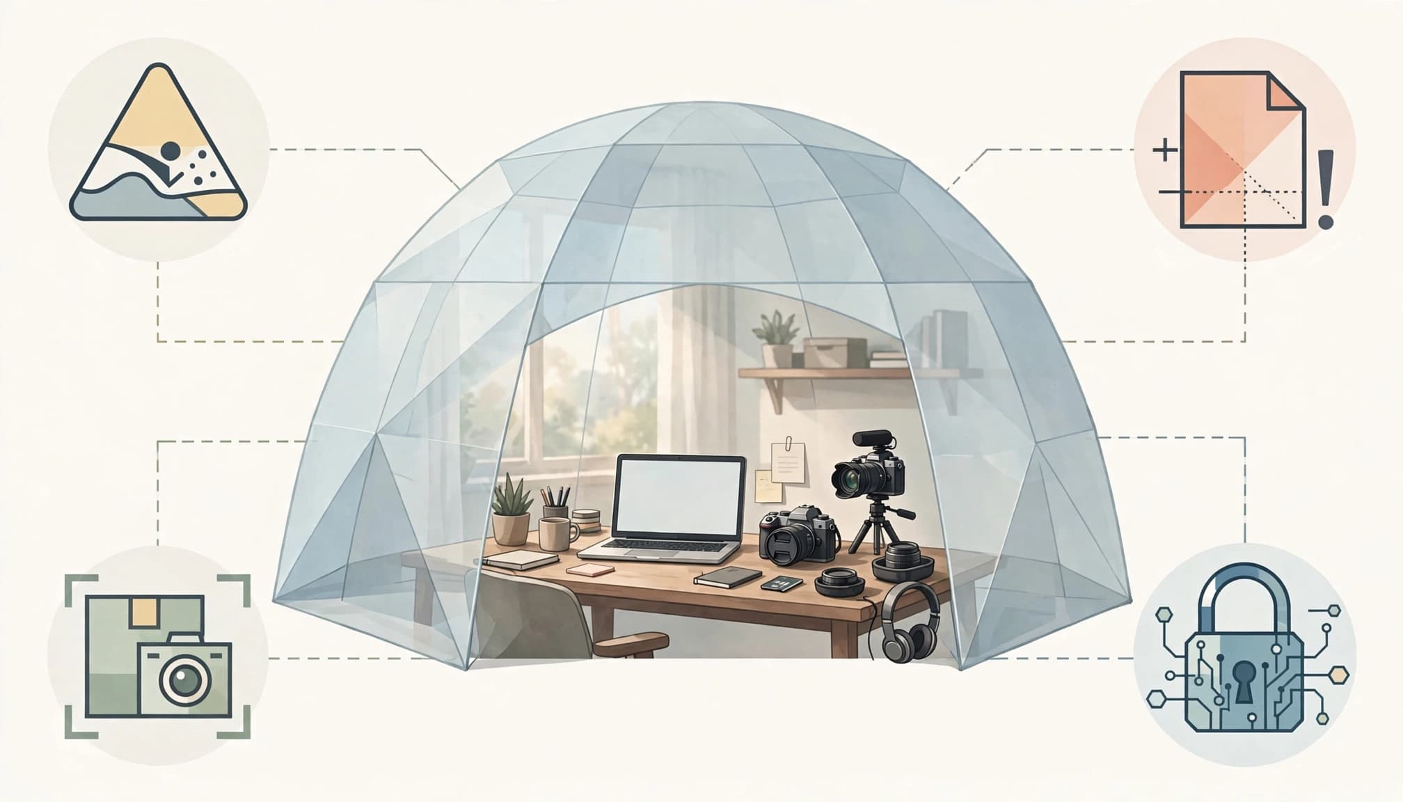 A home office setup with a desk, laptop, and camera gear covered by a translucent protective dome.