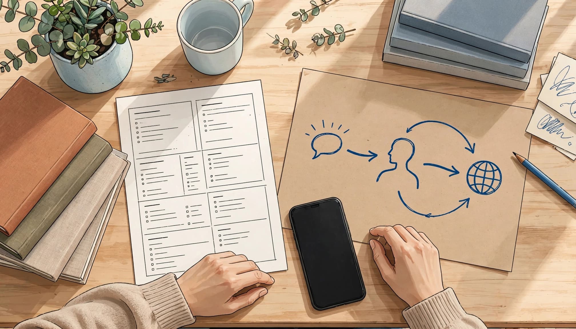 An overhead view of a desk with a phone, outline, sketch, and hands.