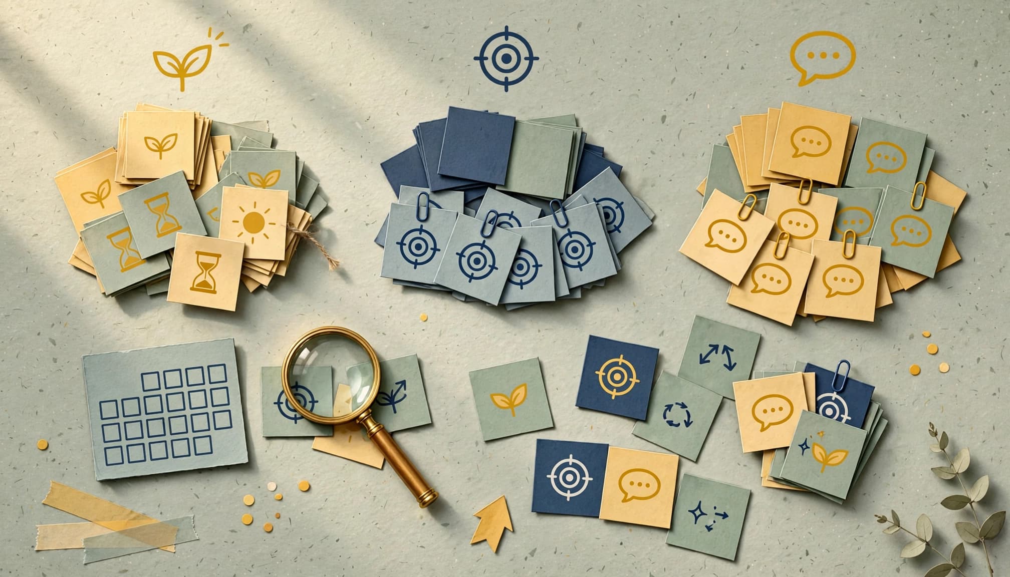 An overhead still life of paper cards with icons, a calendar, and a magnifying glass on a table.
