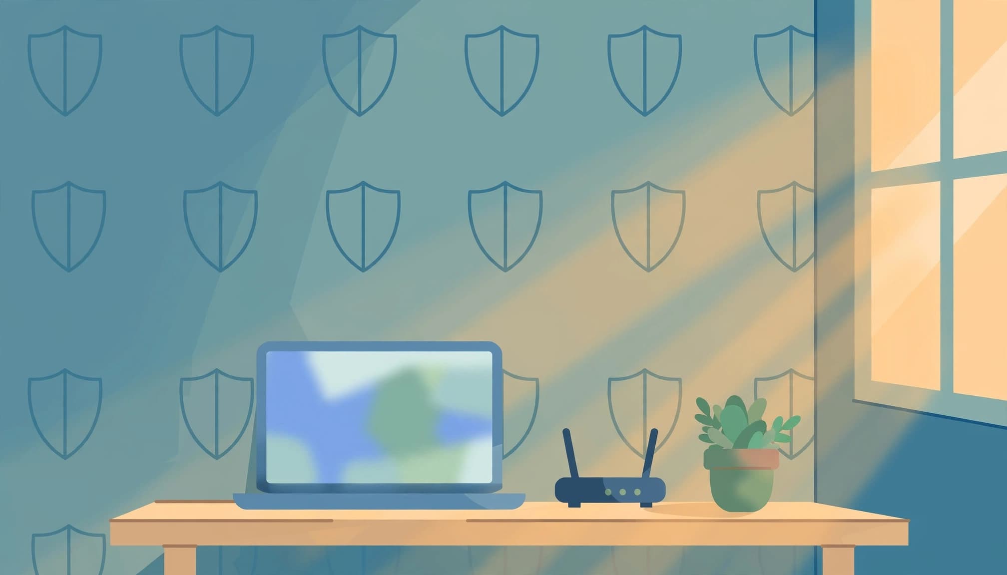A flat illustration of a desk with a laptop, router, and small potted plant against a wall with shield motifs.