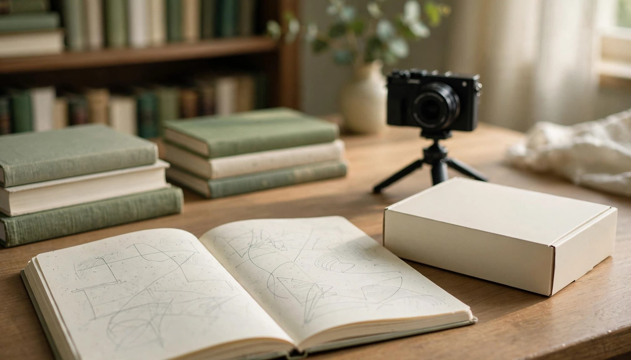 An open journal and plain product package sit on a library table, with a camera behind them.