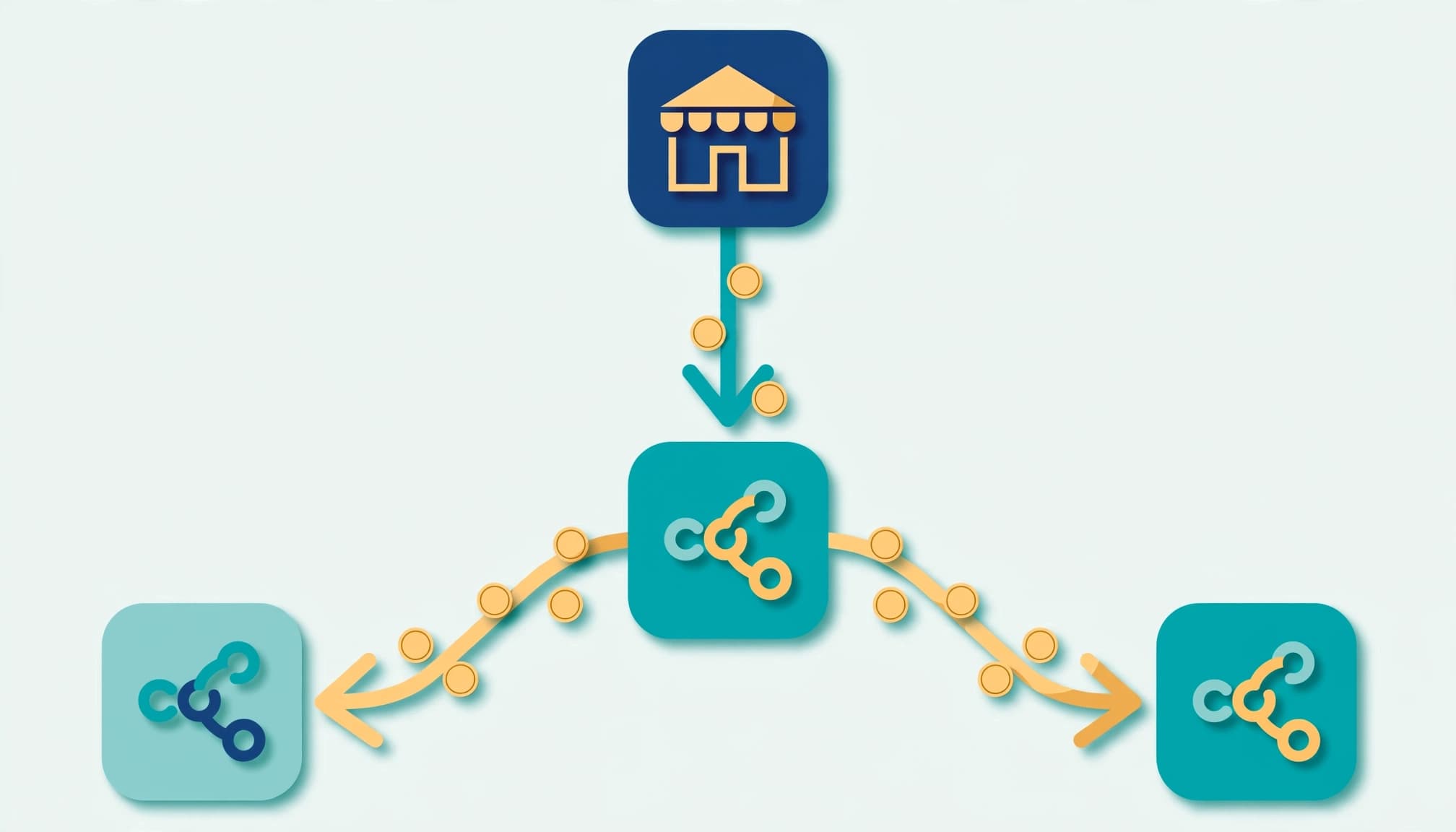 A vector illustration showing a two-tier affiliate commission flow diagram with four nodes and coin paths.