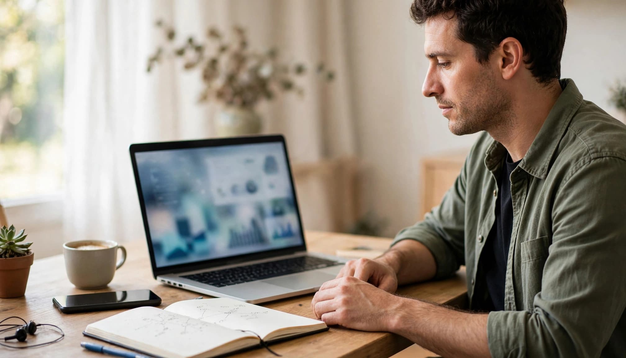 A marketer reviews a laptop dashboard beside a notebook and phone.