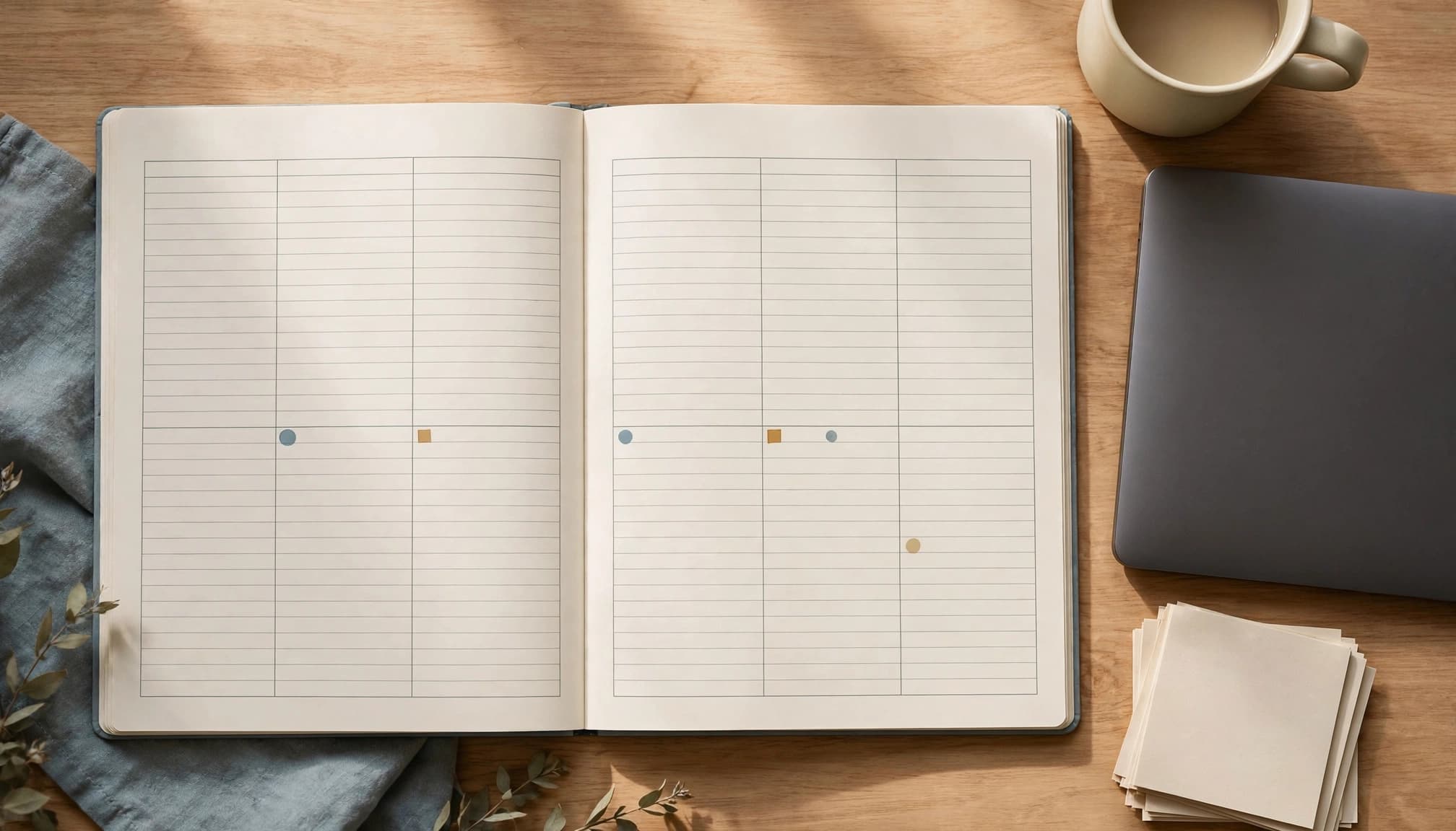 An overhead view of an open planner on a wooden table, with a closed laptop, a mug, and a stack of notes.